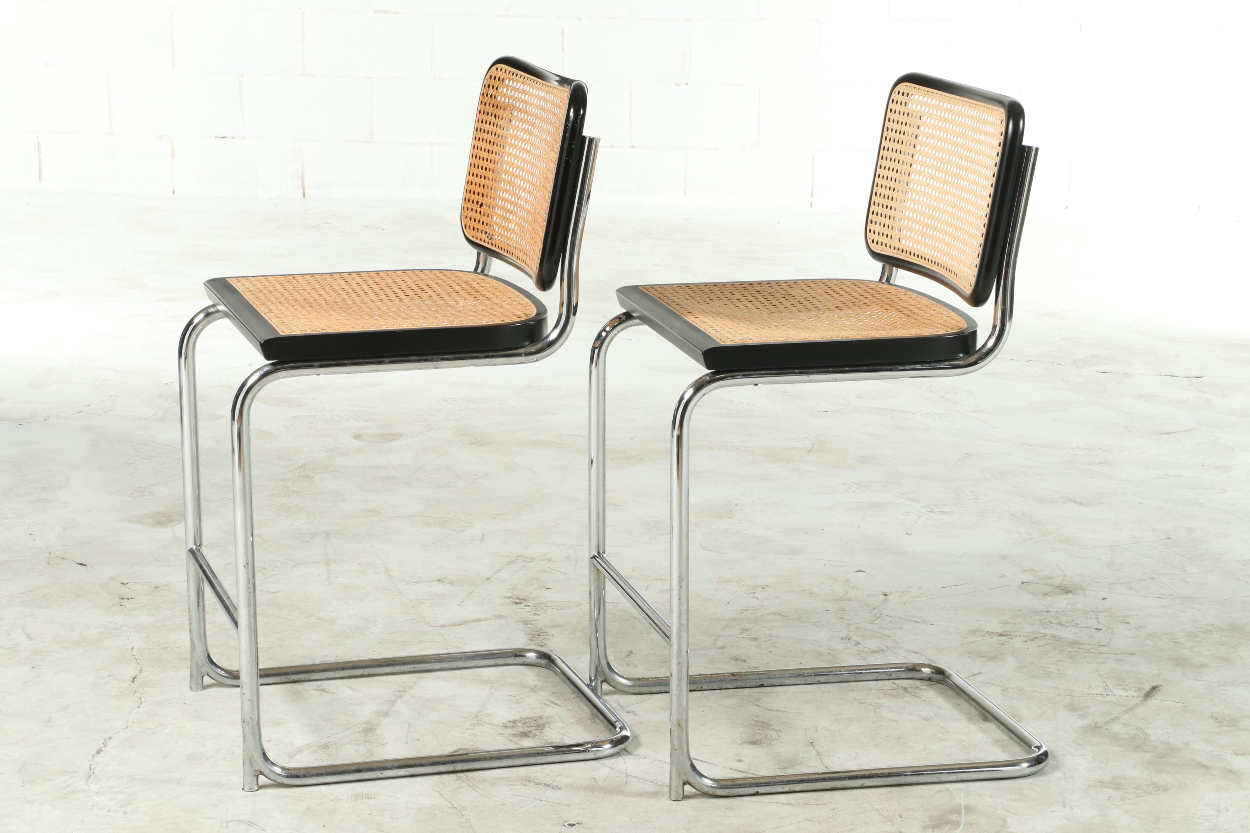 Marcel Breuer "Cesca" Chrome and Cane Paneled Cantilever Barstools