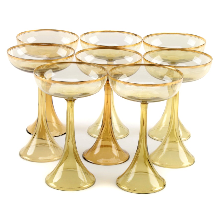 Mid Century Modern Gilt Rimmed Yellow Glass Champagne Coupes