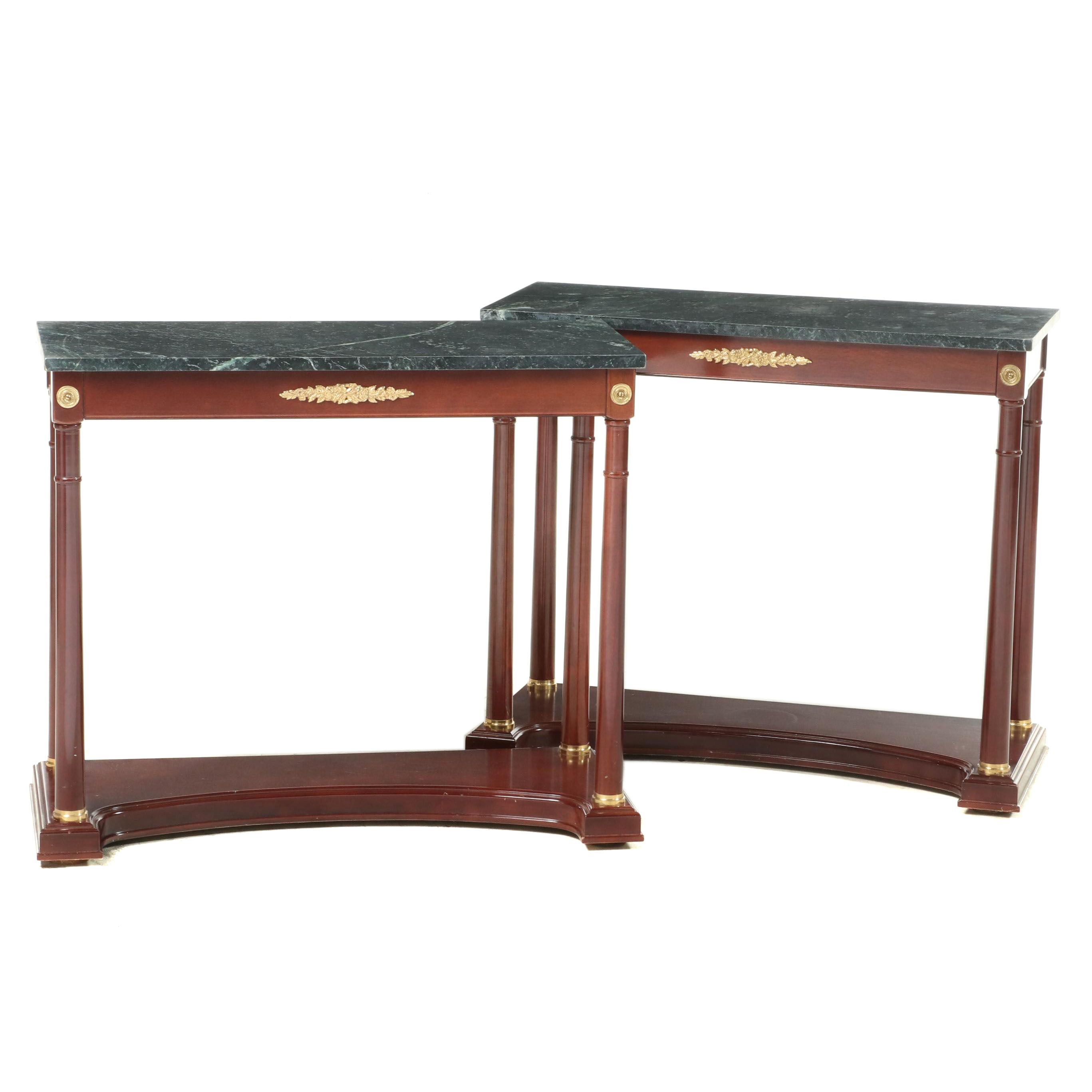 Pair of Empire Style Marble Top, Gilt-Metal Mounted Mahogany Console Tables