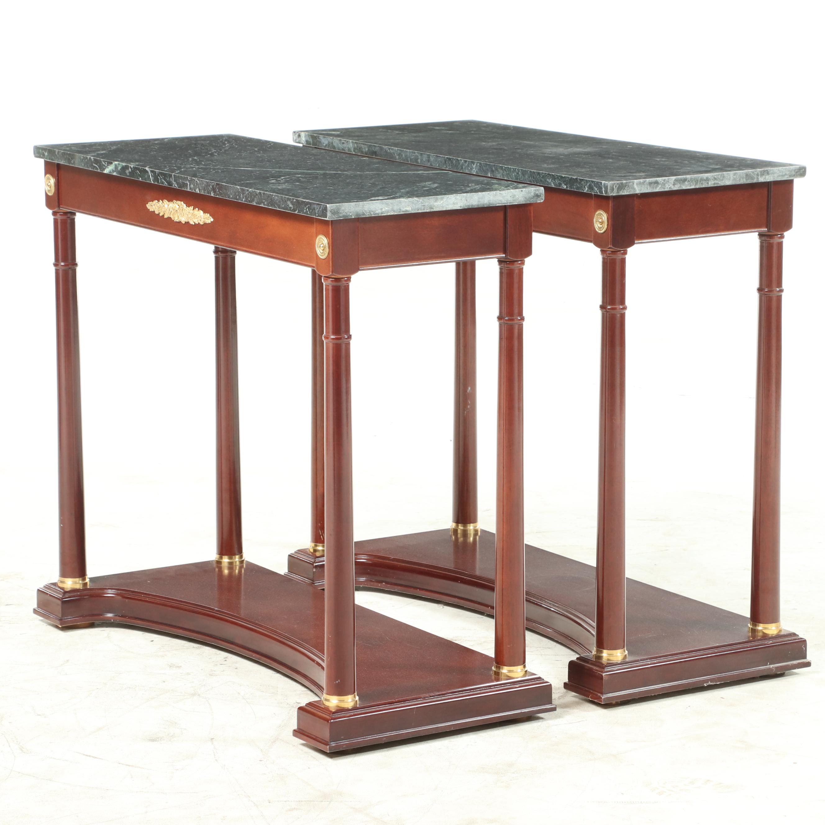 Pair of Empire Style Marble Top, Gilt-Metal Mounted Mahogany Console Tables