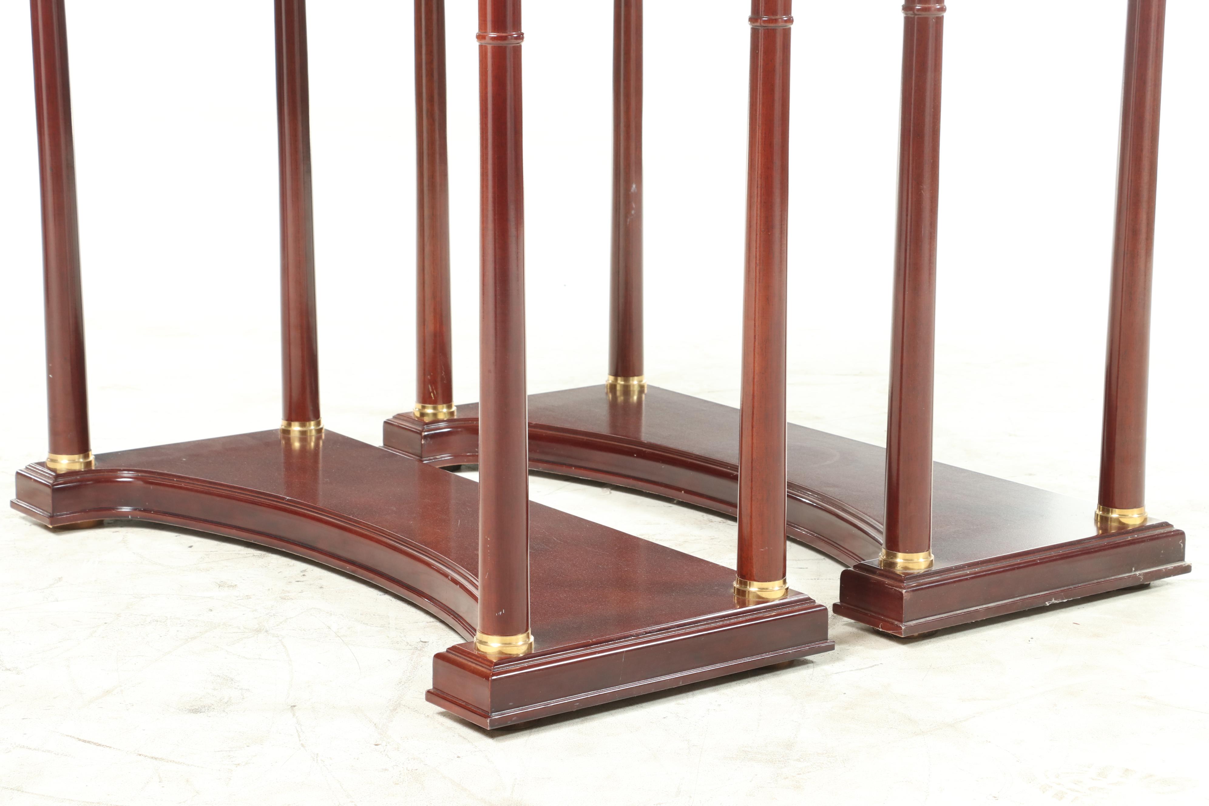 Pair of Empire Style Marble Top, Gilt-Metal Mounted Mahogany Console Tables