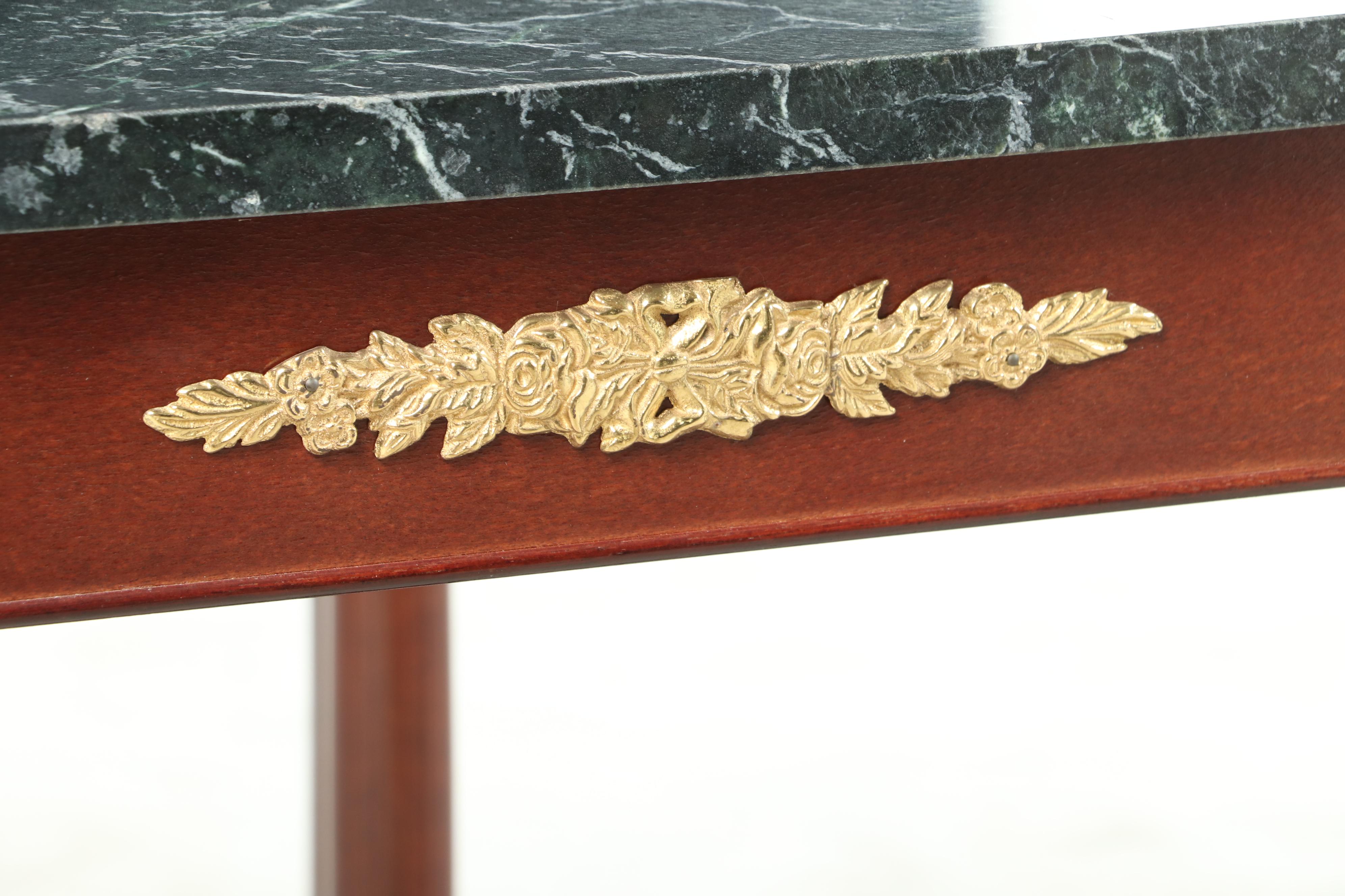 Pair of Empire Style Marble Top, Gilt-Metal Mounted Mahogany Console Tables