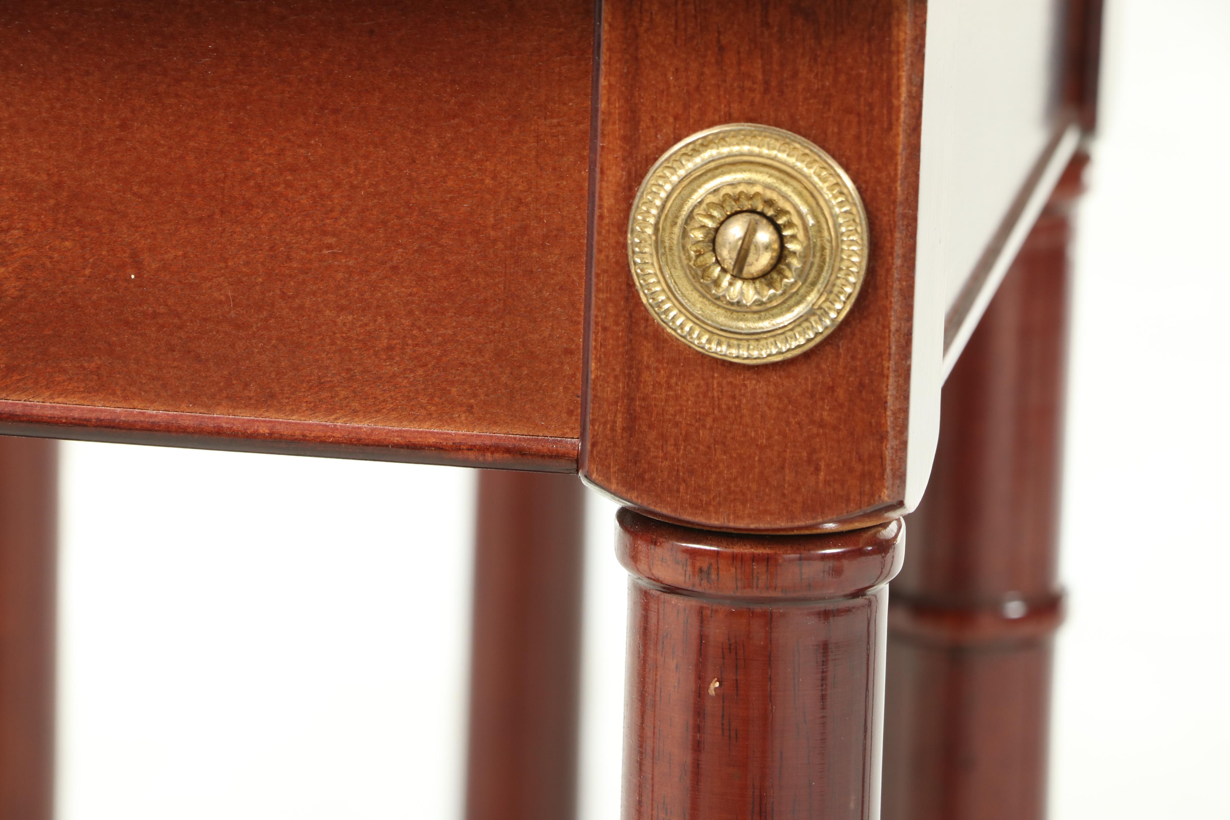 Pair of Empire Style Marble Top, Gilt-Metal Mounted Mahogany Console Tables