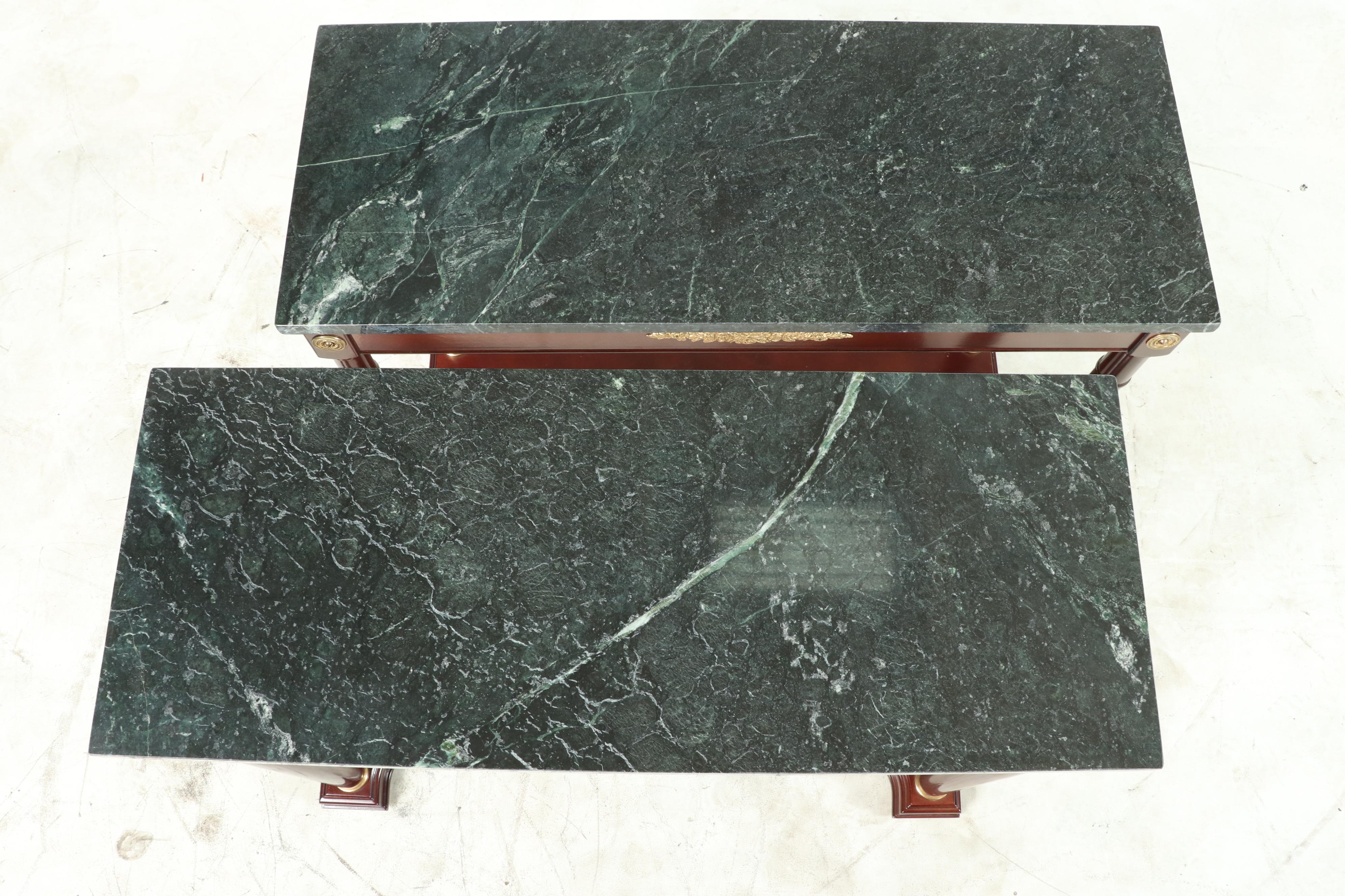 Pair of Empire Style Marble Top, Gilt-Metal Mounted Mahogany Console Tables