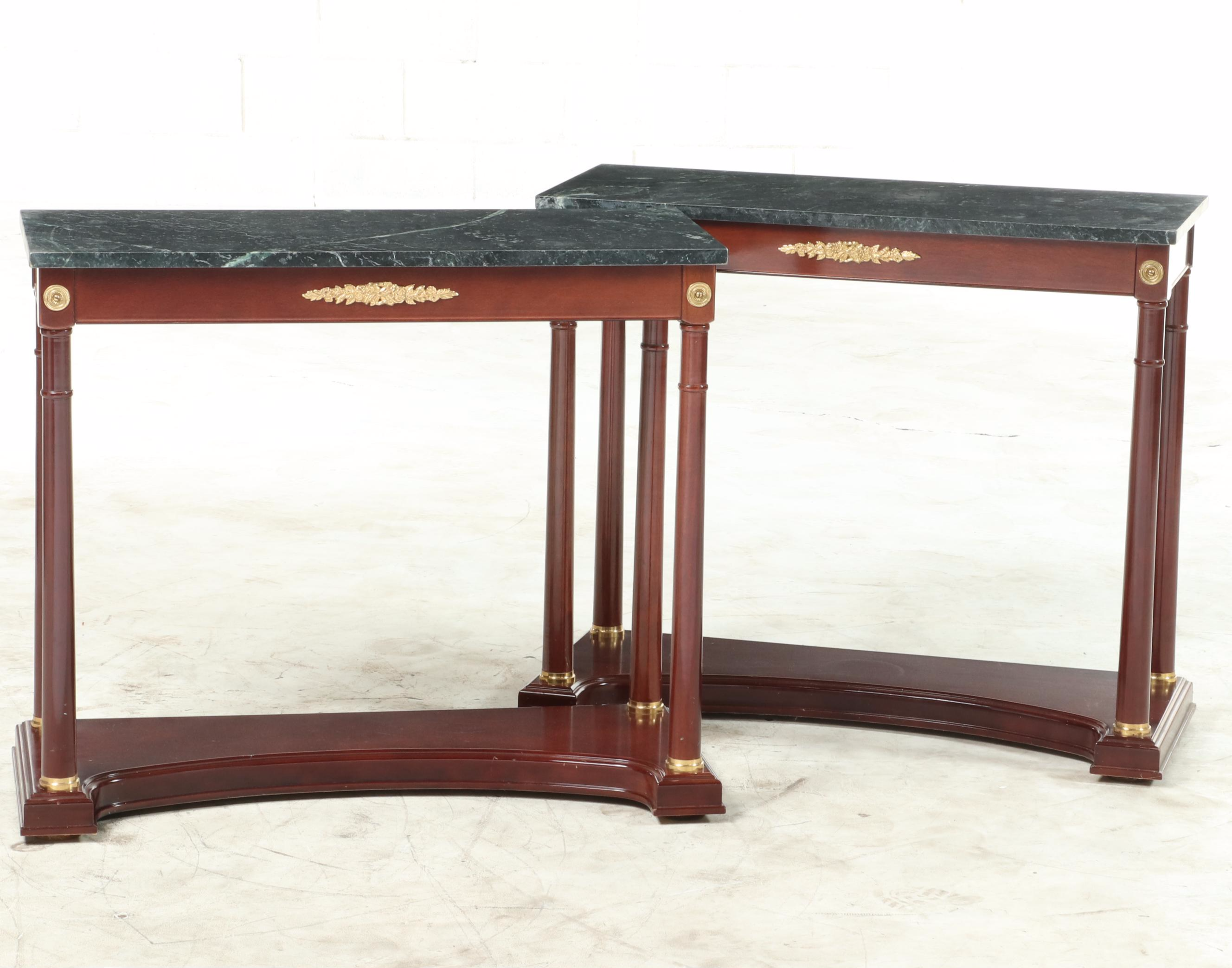 Pair of Empire Style Marble Top, Gilt-Metal Mounted Mahogany Console Tables