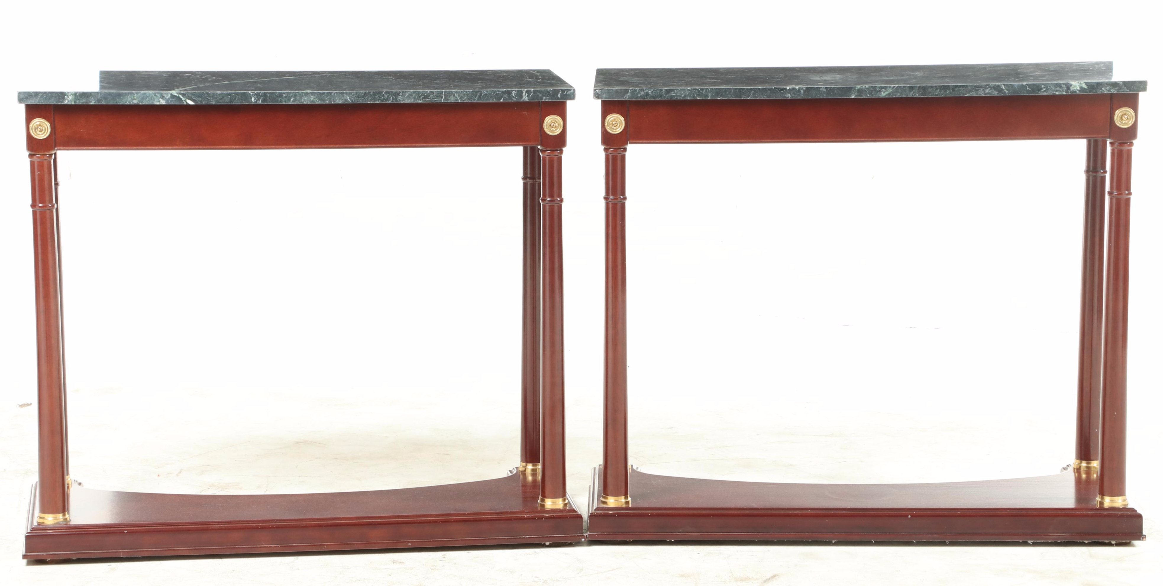 Pair of Empire Style Marble Top, Gilt-Metal Mounted Mahogany Console Tables