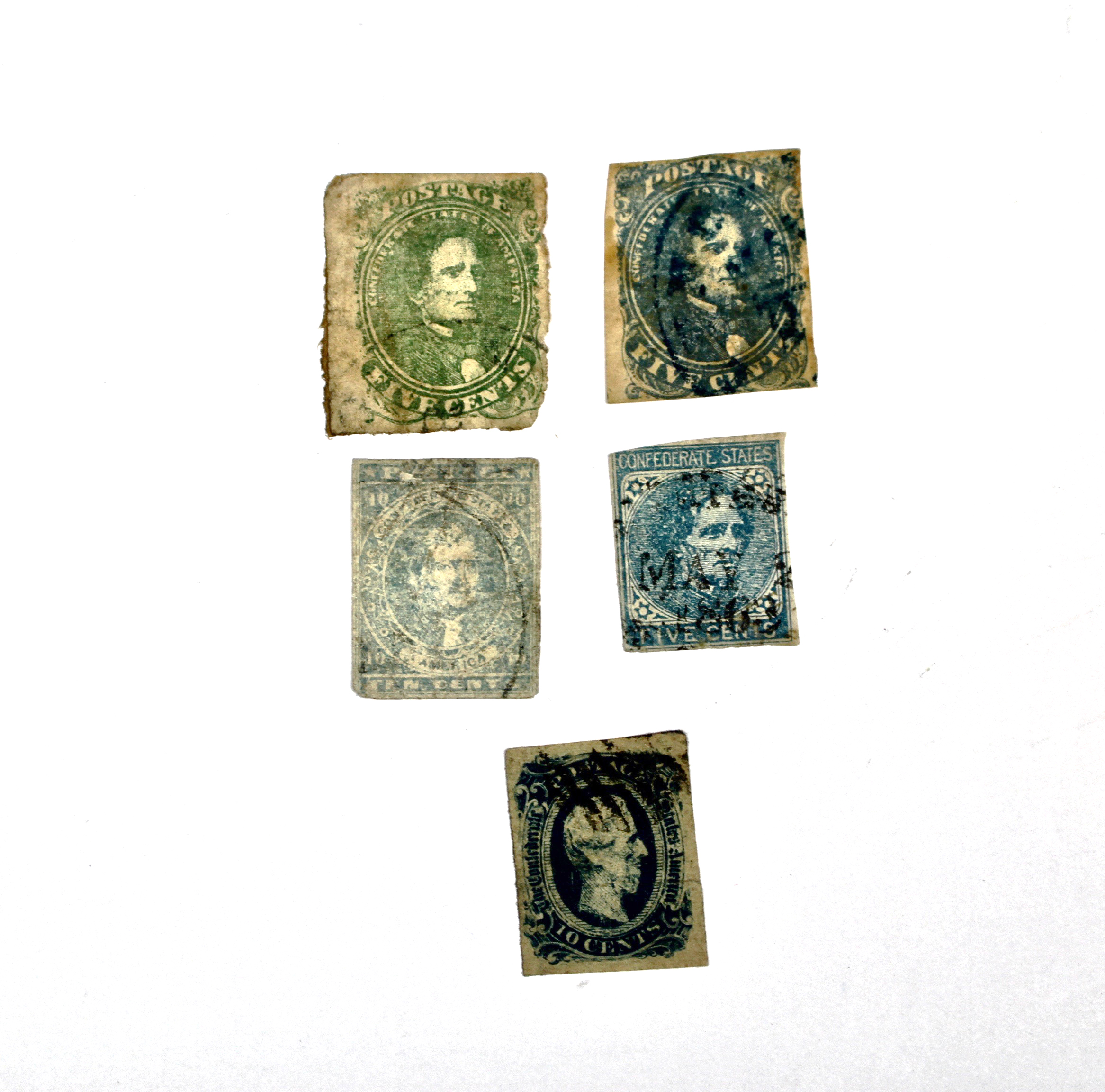 Five Used Confederate Stamps