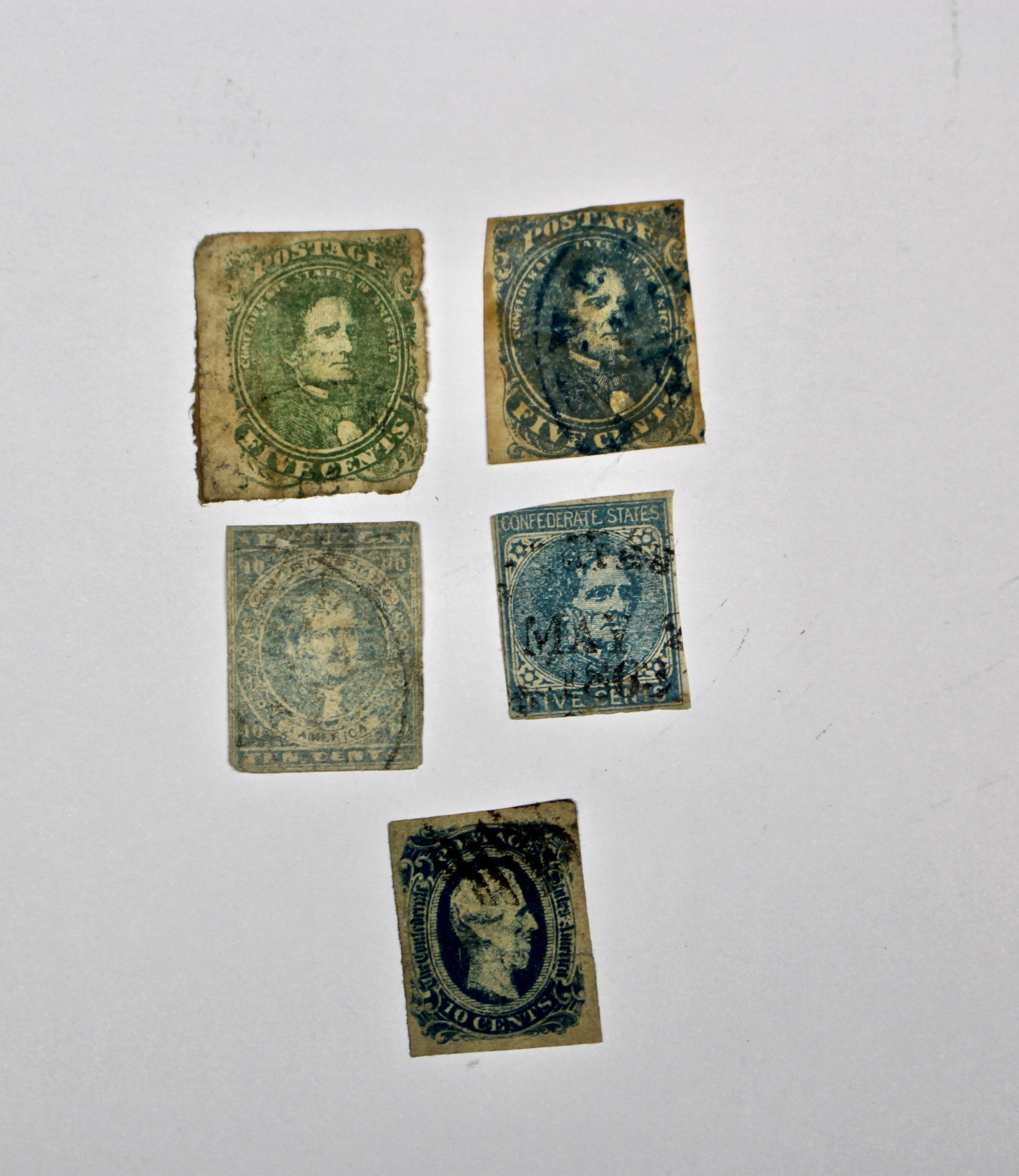 Five Used Confederate Stamps