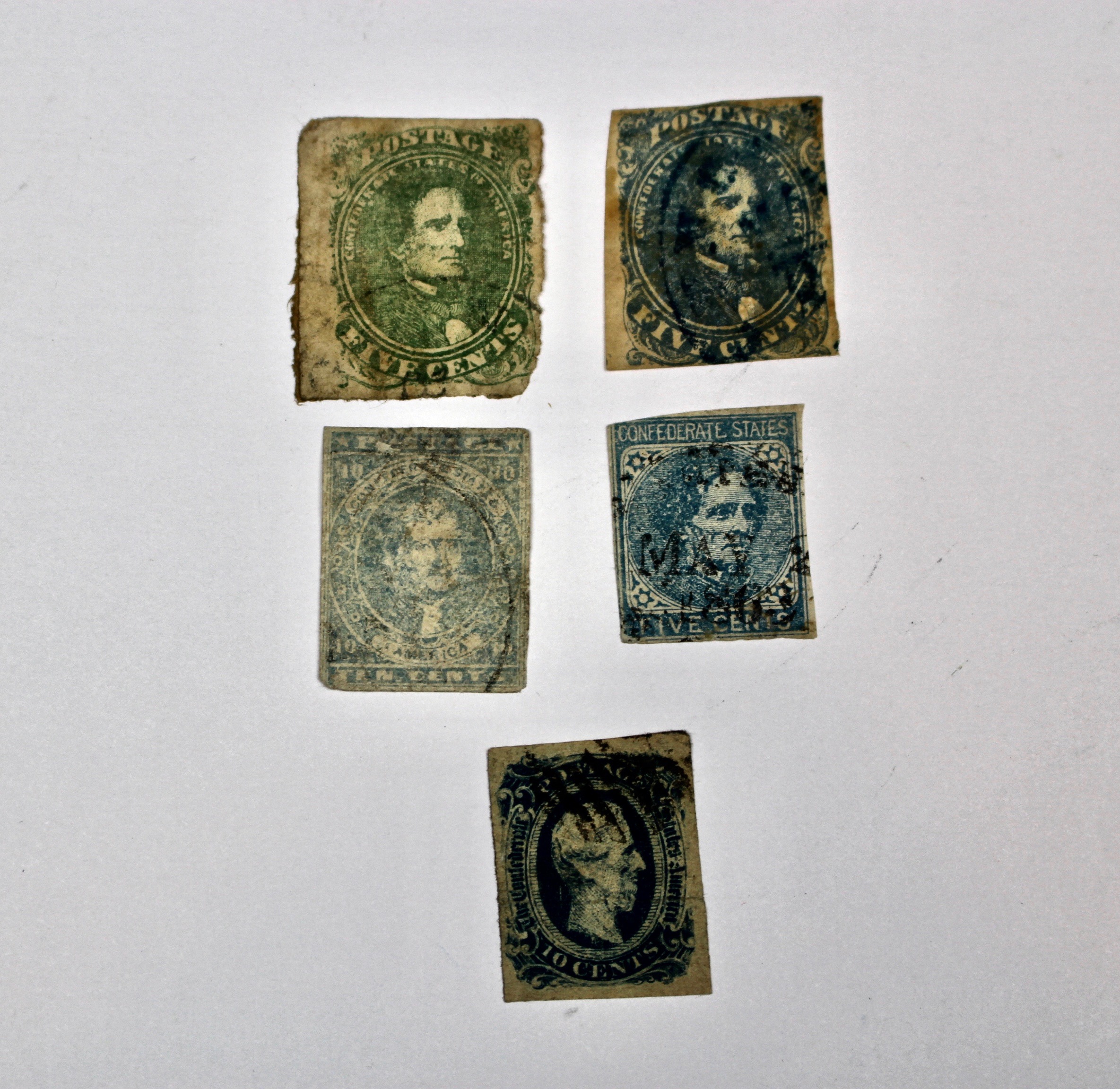 Five Used Confederate Stamps