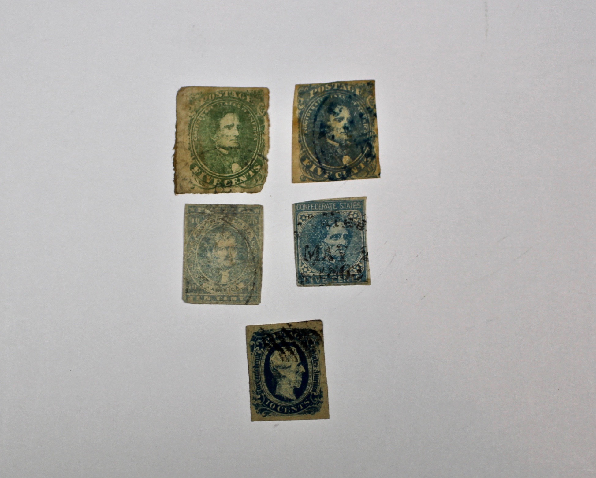 Five Used Confederate Stamps
