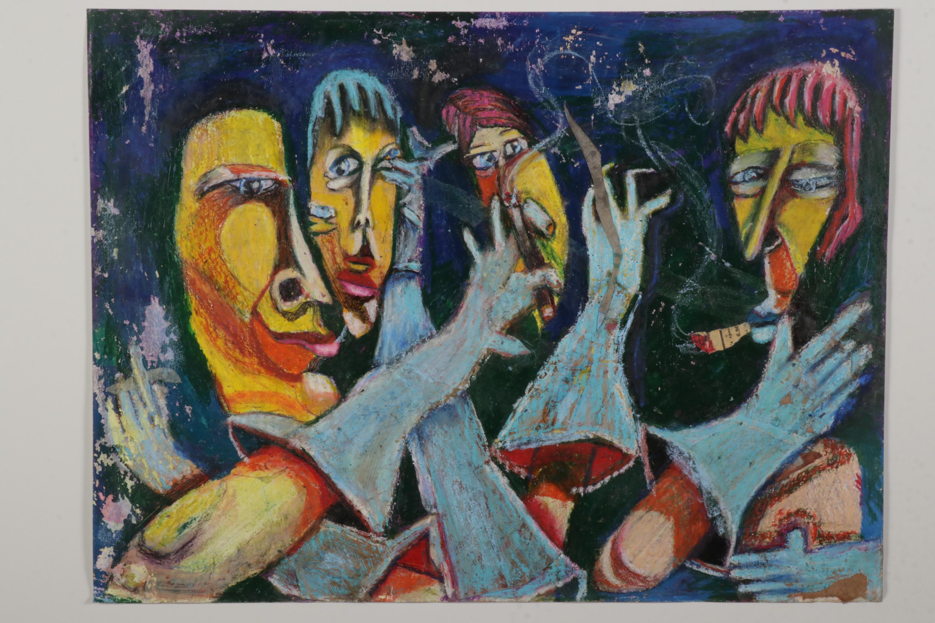 Janice Schuler Mixed Media Drawing of Abstract Figures, 21st Century