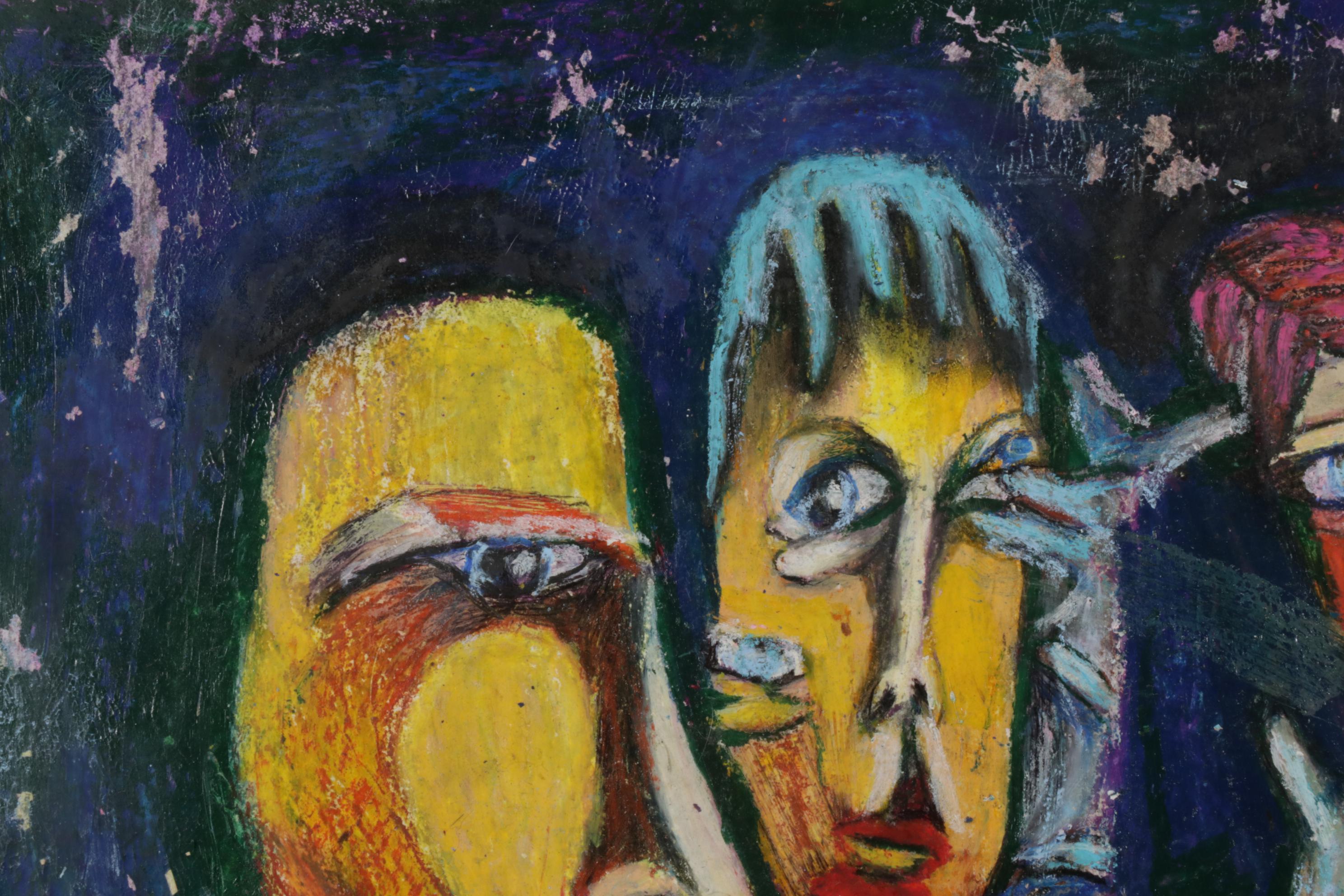 Janice Schuler Mixed Media Drawing of Abstract Figures, 21st Century