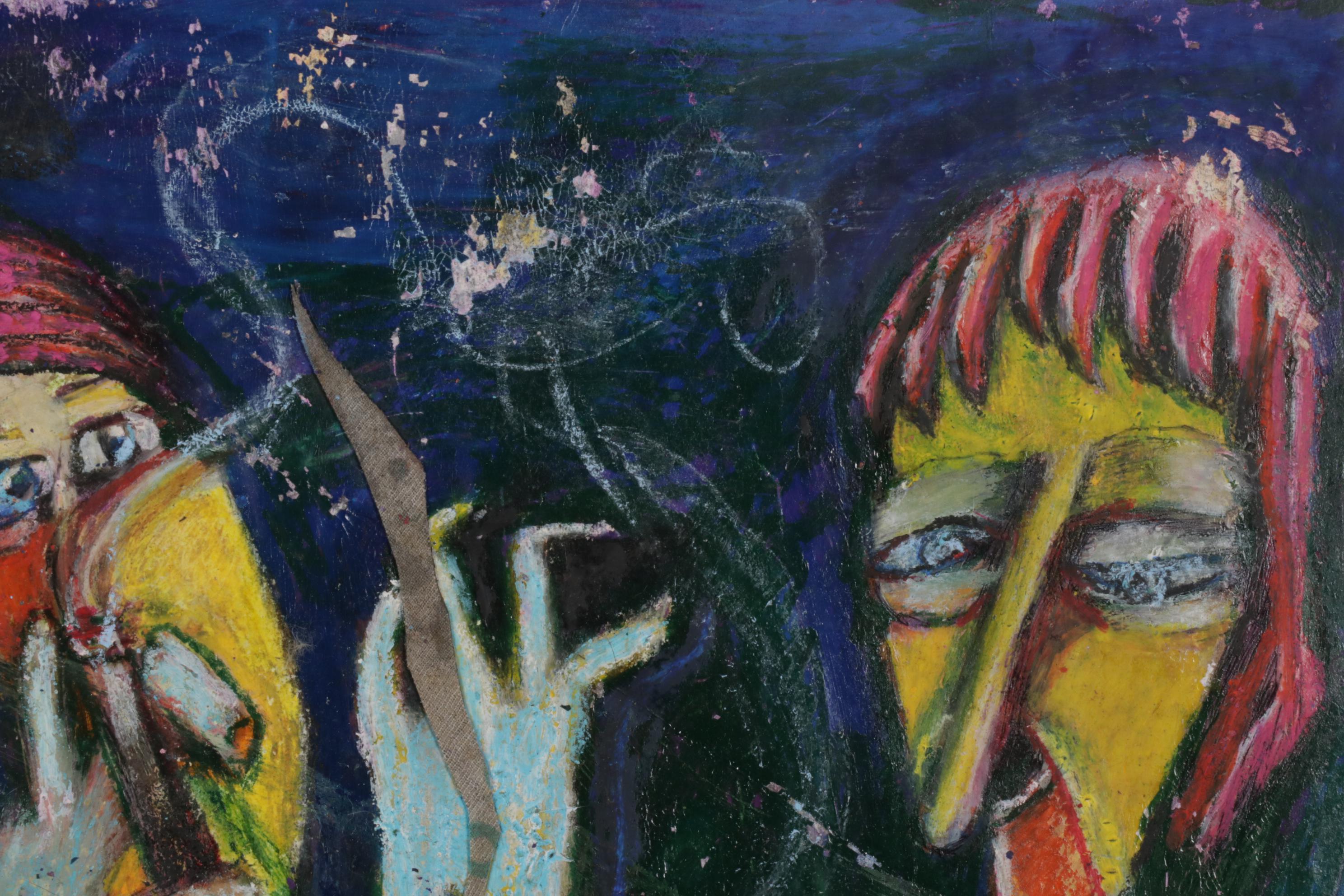 Janice Schuler Mixed Media Drawing of Abstract Figures, 21st Century