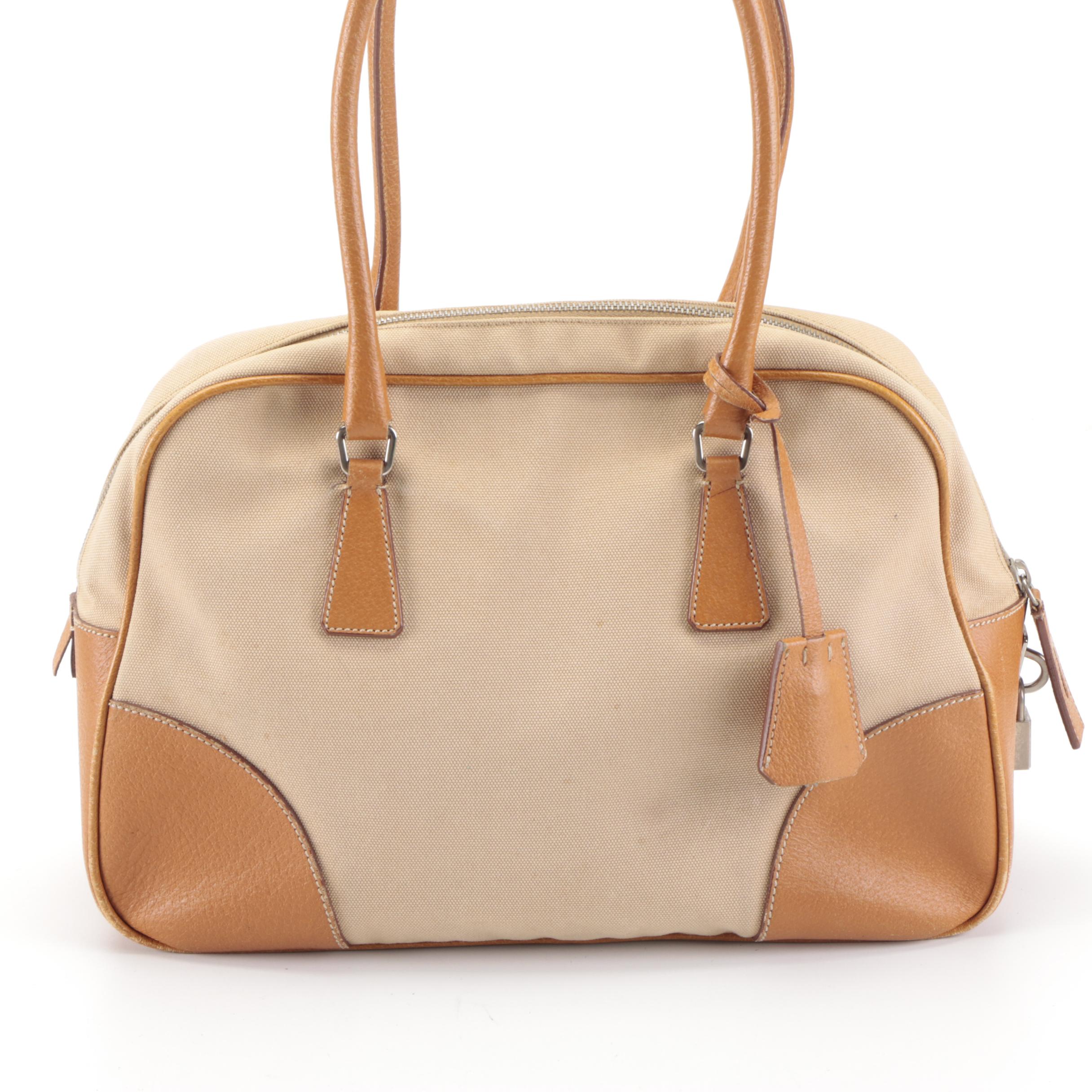 Prada Domed Bauletto Handbag in Canapa Canvas and Dark Tan Cinghiale Leather