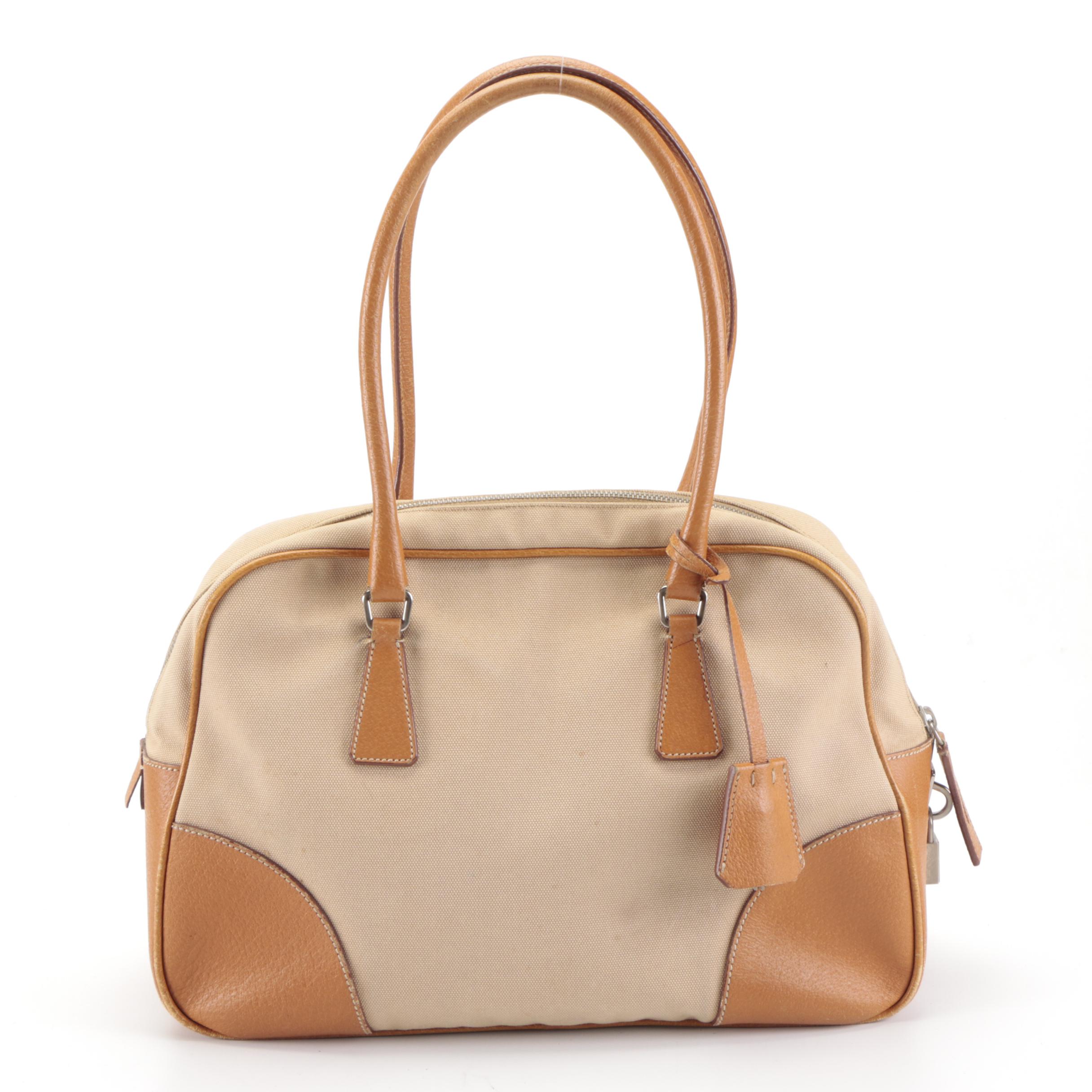 Prada Domed Bauletto Handbag in Canapa Canvas and Dark Tan Cinghiale Leather