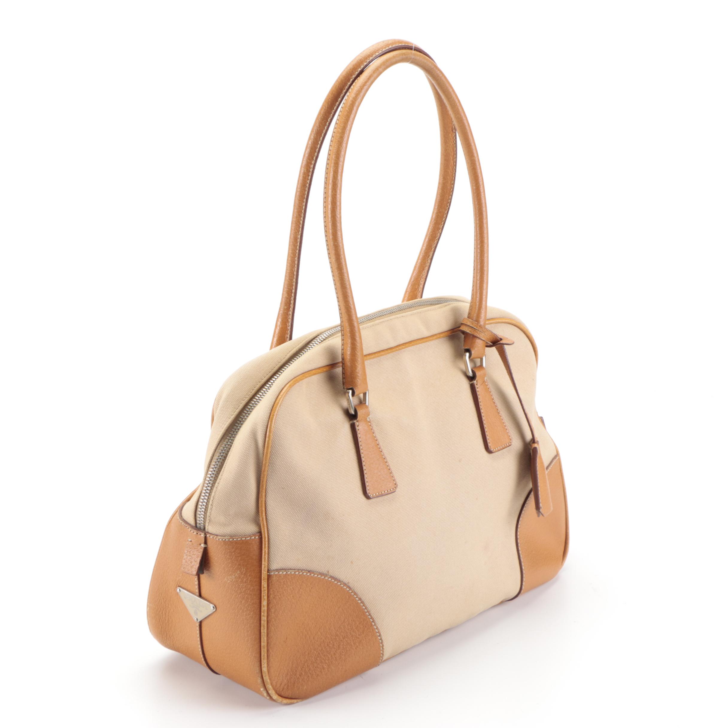 Prada Domed Bauletto Handbag in Canapa Canvas and Dark Tan Cinghiale Leather
