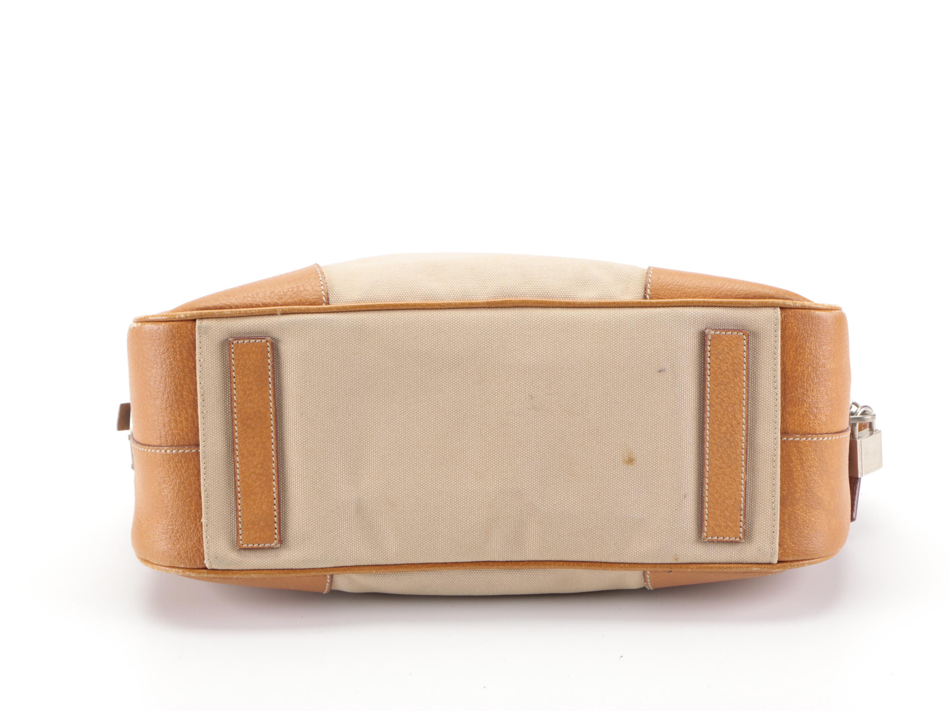 Prada Domed Bauletto Handbag in Canapa Canvas and Dark Tan Cinghiale Leather