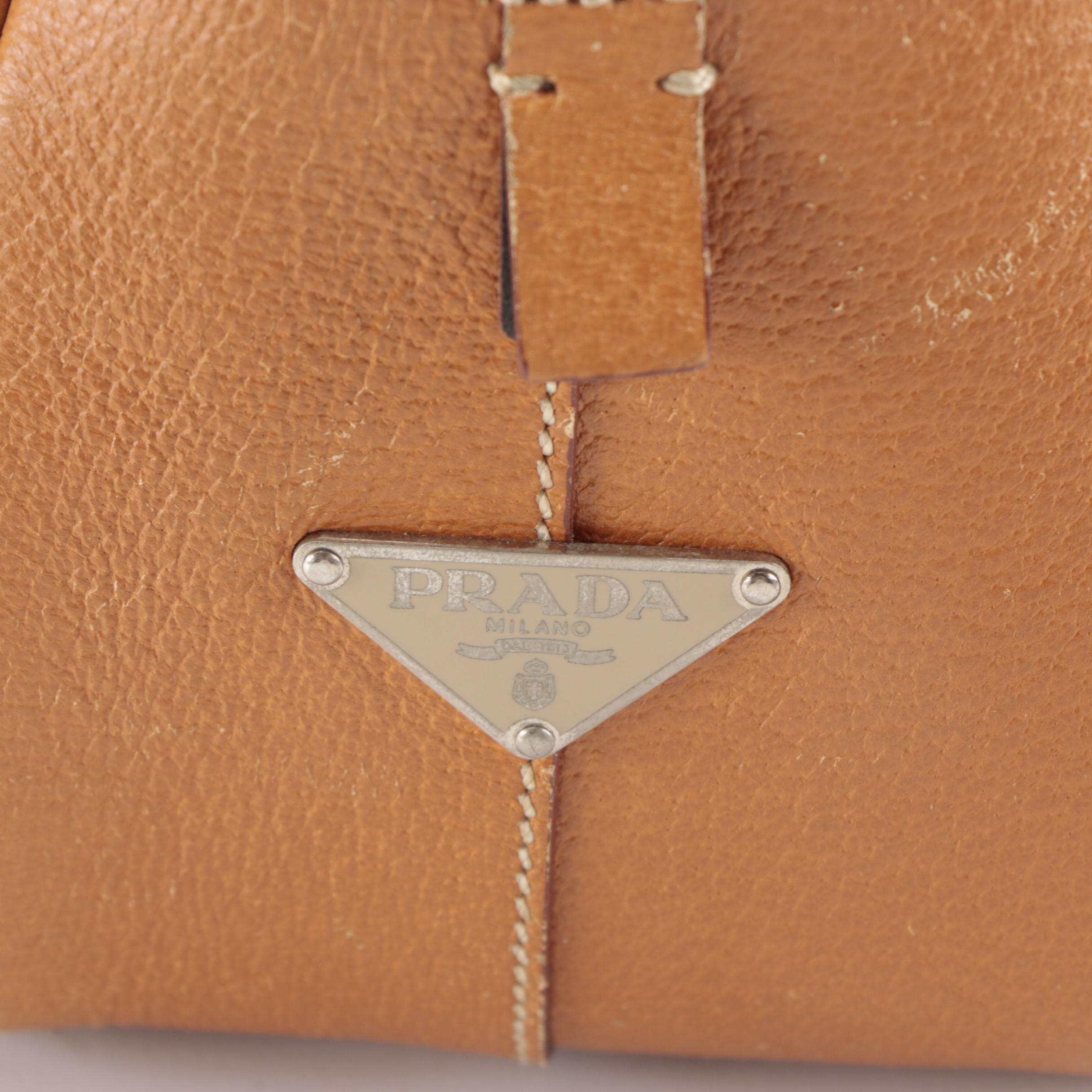 Prada Domed Bauletto Handbag in Canapa Canvas and Dark Tan Cinghiale Leather