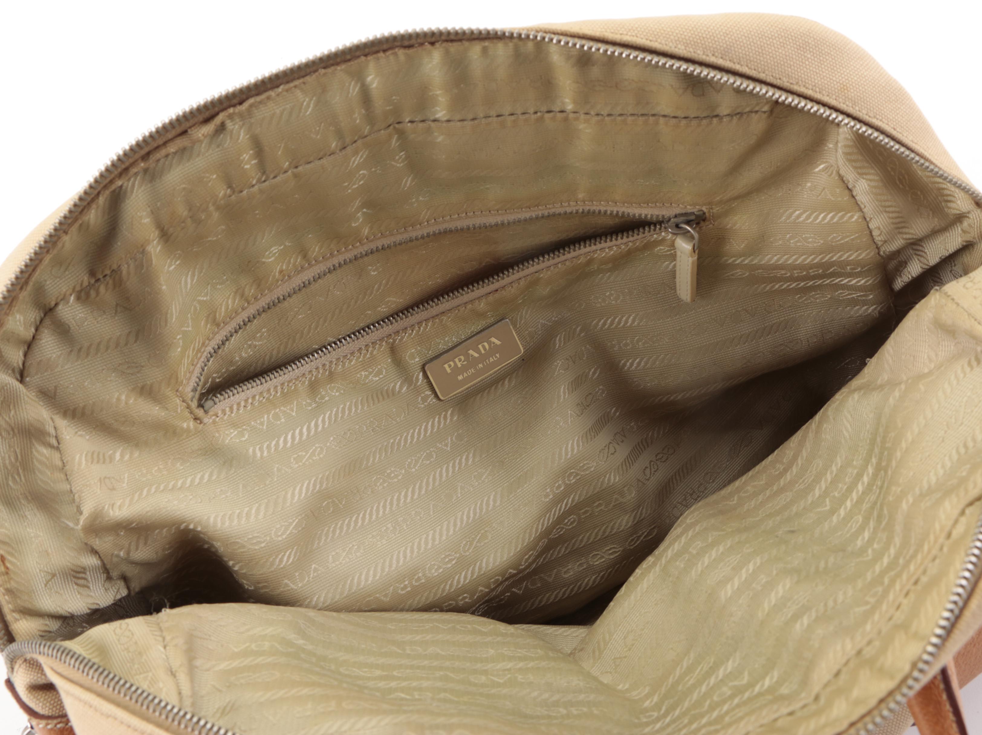 Prada Domed Bauletto Handbag in Canapa Canvas and Dark Tan Cinghiale Leather