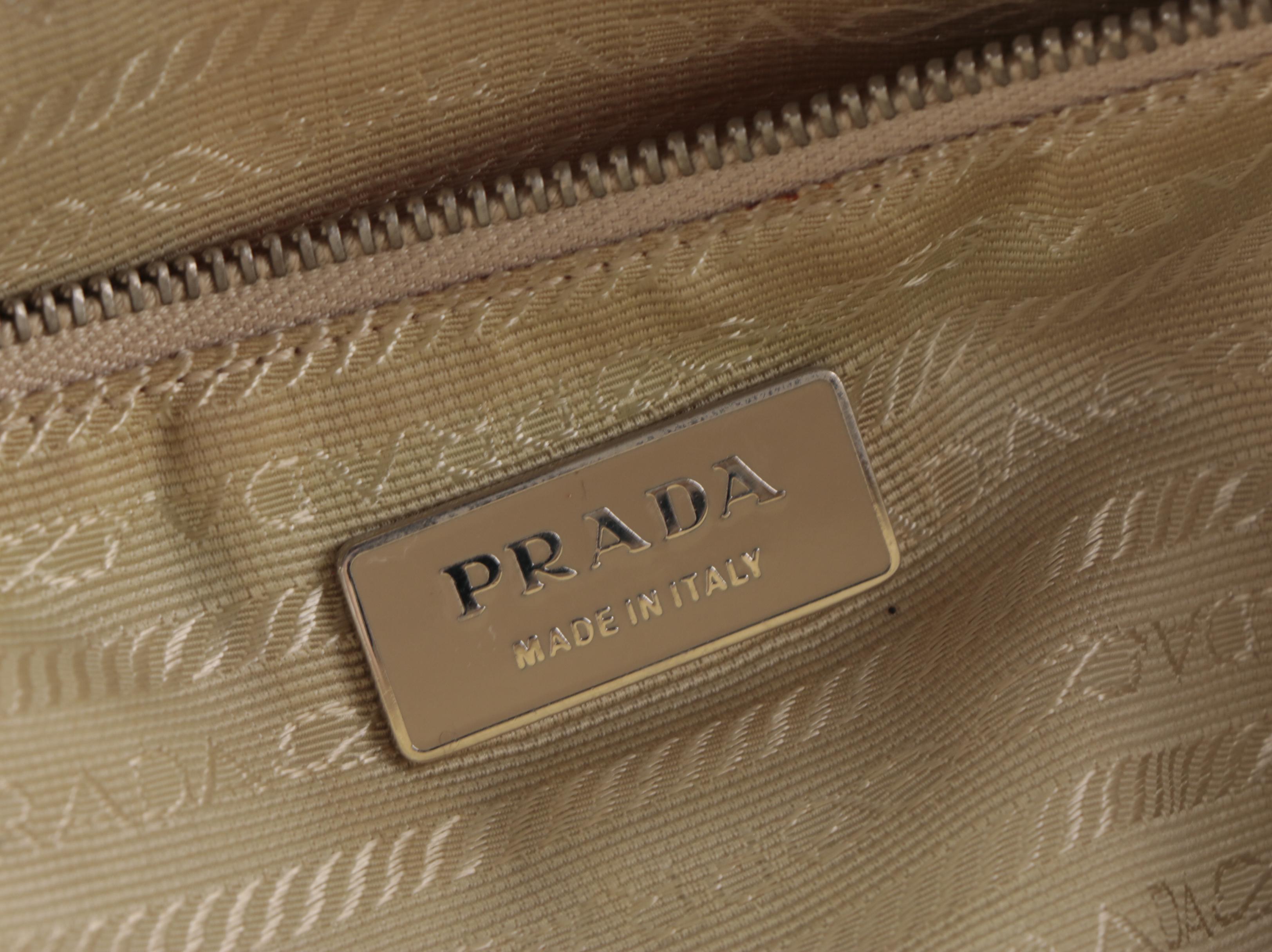 Prada Domed Bauletto Handbag in Canapa Canvas and Dark Tan Cinghiale Leather