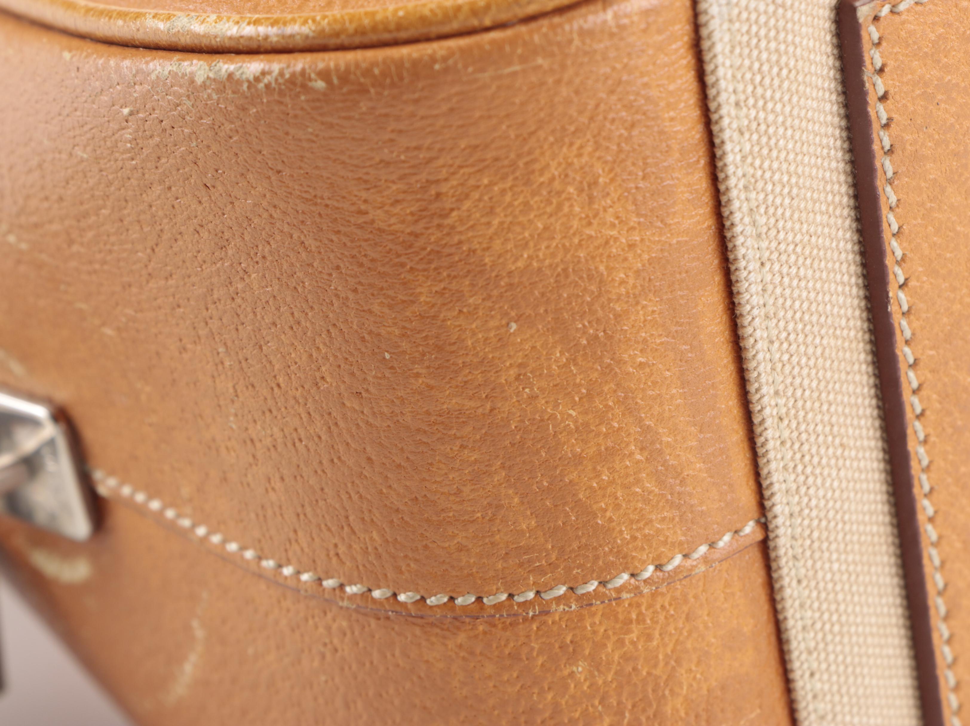 Prada Domed Bauletto Handbag in Canapa Canvas and Dark Tan Cinghiale Leather