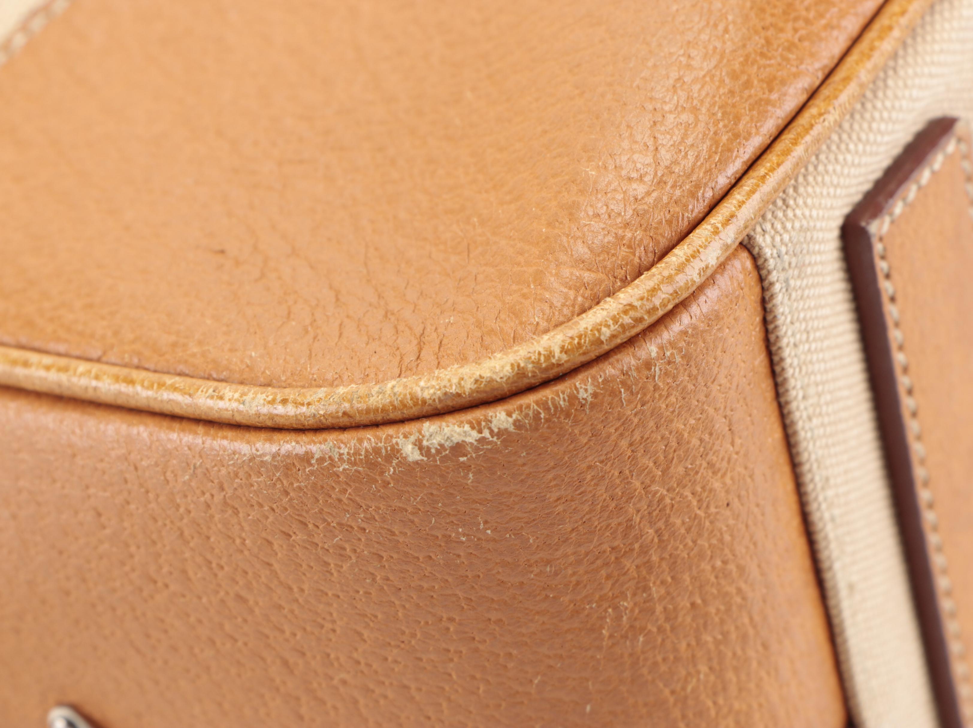 Prada Domed Bauletto Handbag in Canapa Canvas and Dark Tan Cinghiale Leather