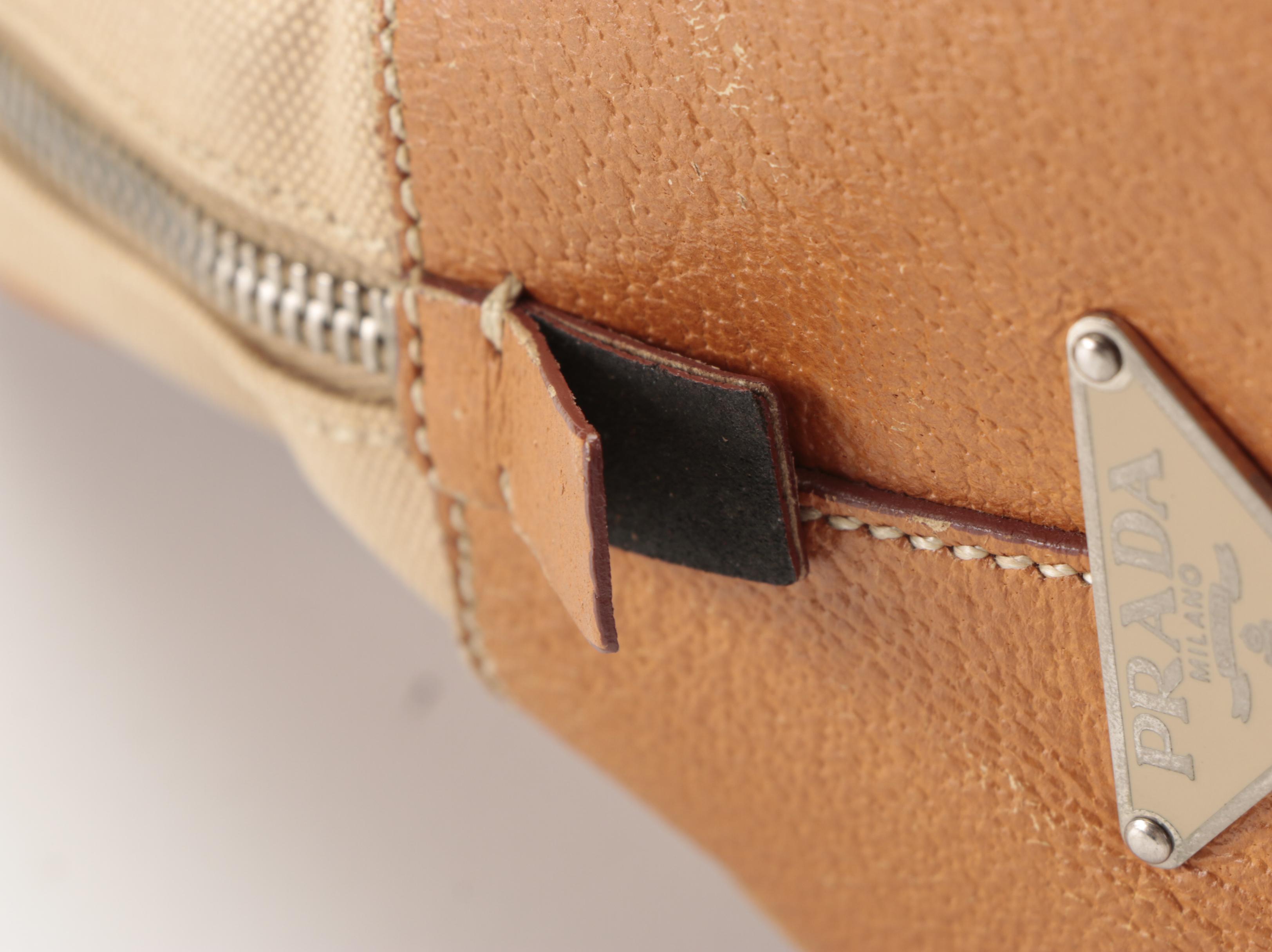 Prada Domed Bauletto Handbag in Canapa Canvas and Dark Tan Cinghiale Leather