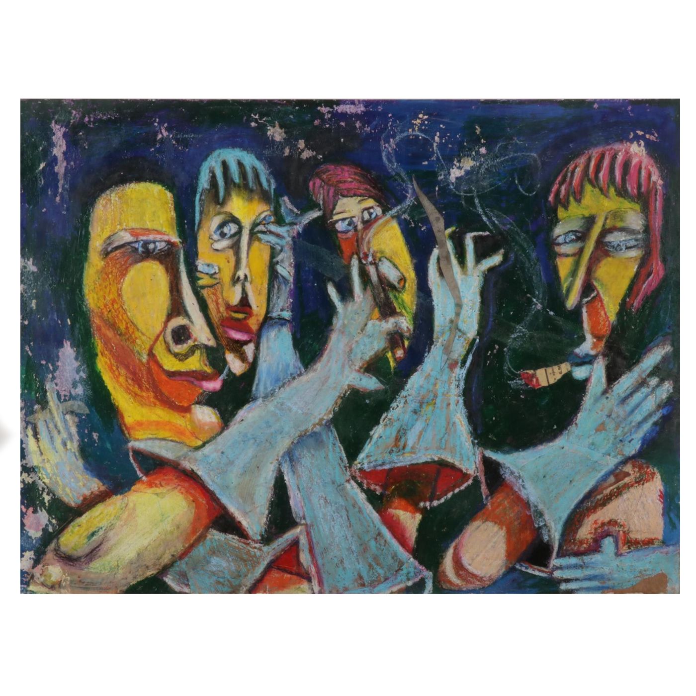 Janice Schuler Mixed Media Drawing of Abstract Figures, 21st Century