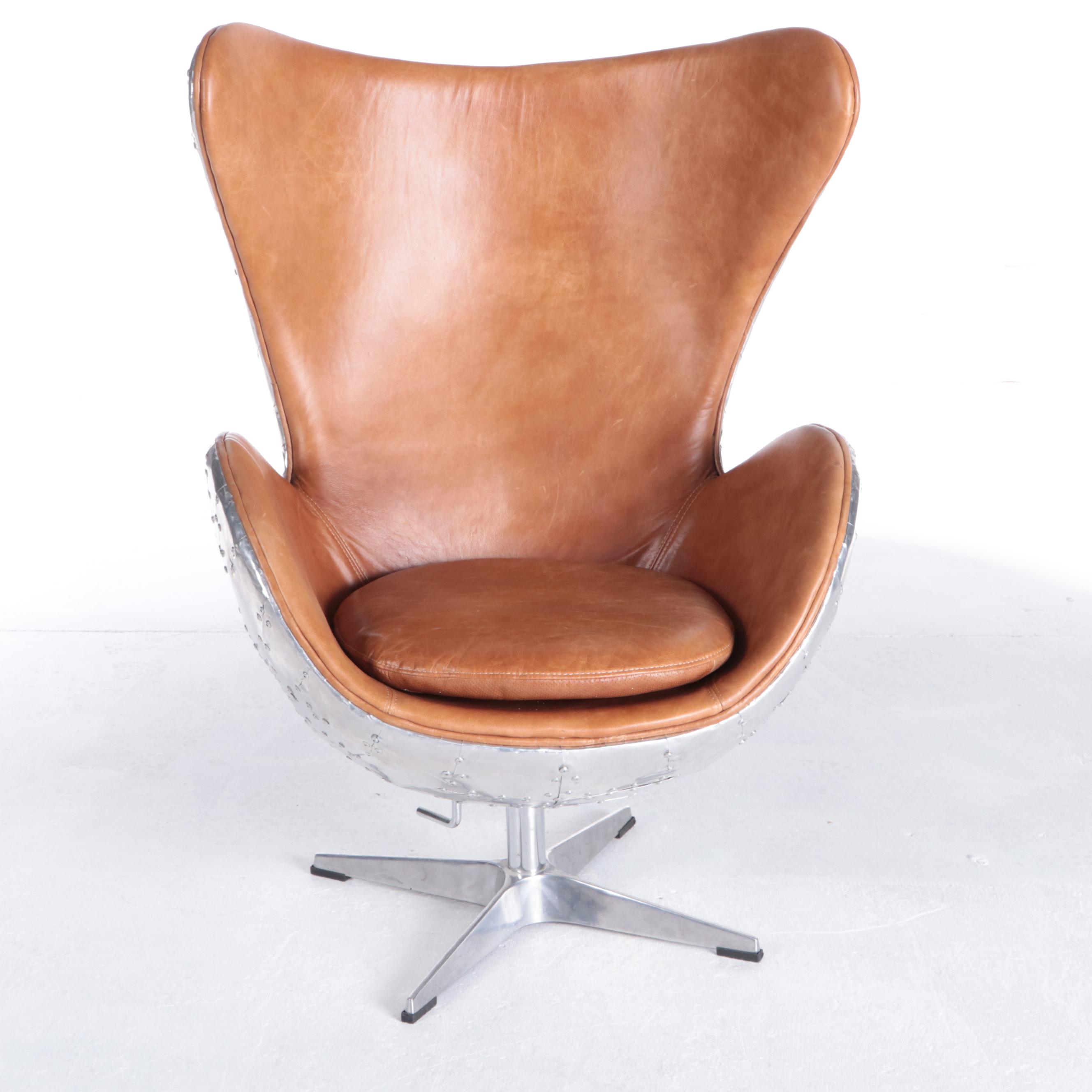 Restoration Hardware Aluminum and Leather Swivel Aviator Egg Chair