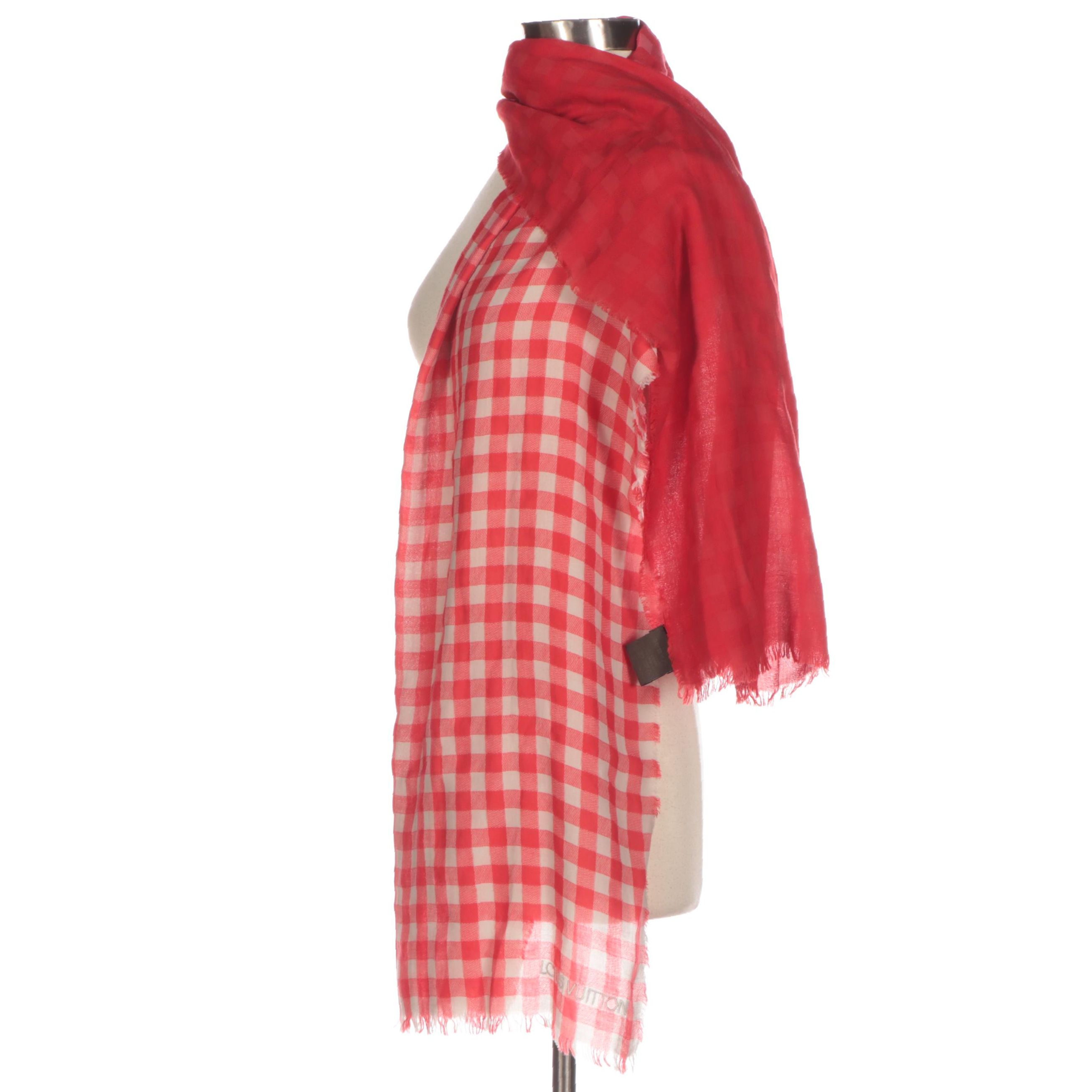 Louis Vuitton Red/Grey Damier Cotton Masai Shawl Scarf