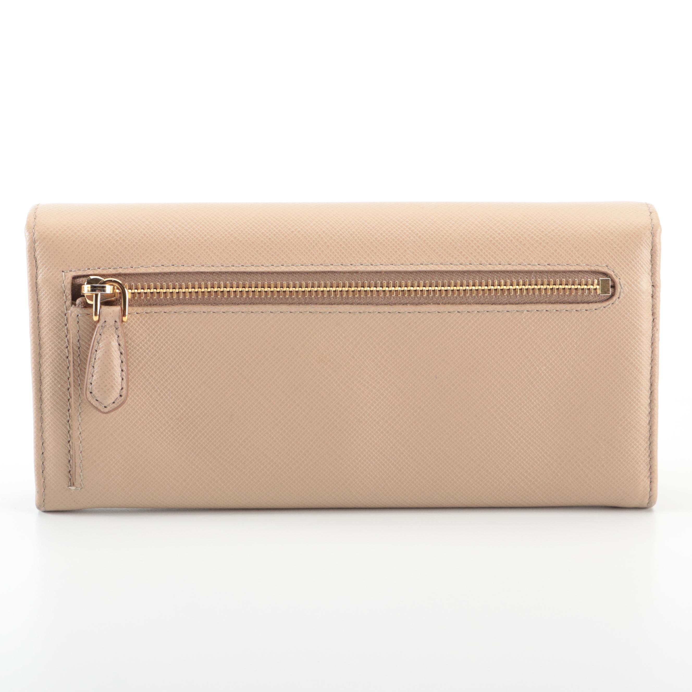 Prada Long Wallet with Bow in Dark Beige Saffiano Leather and Box