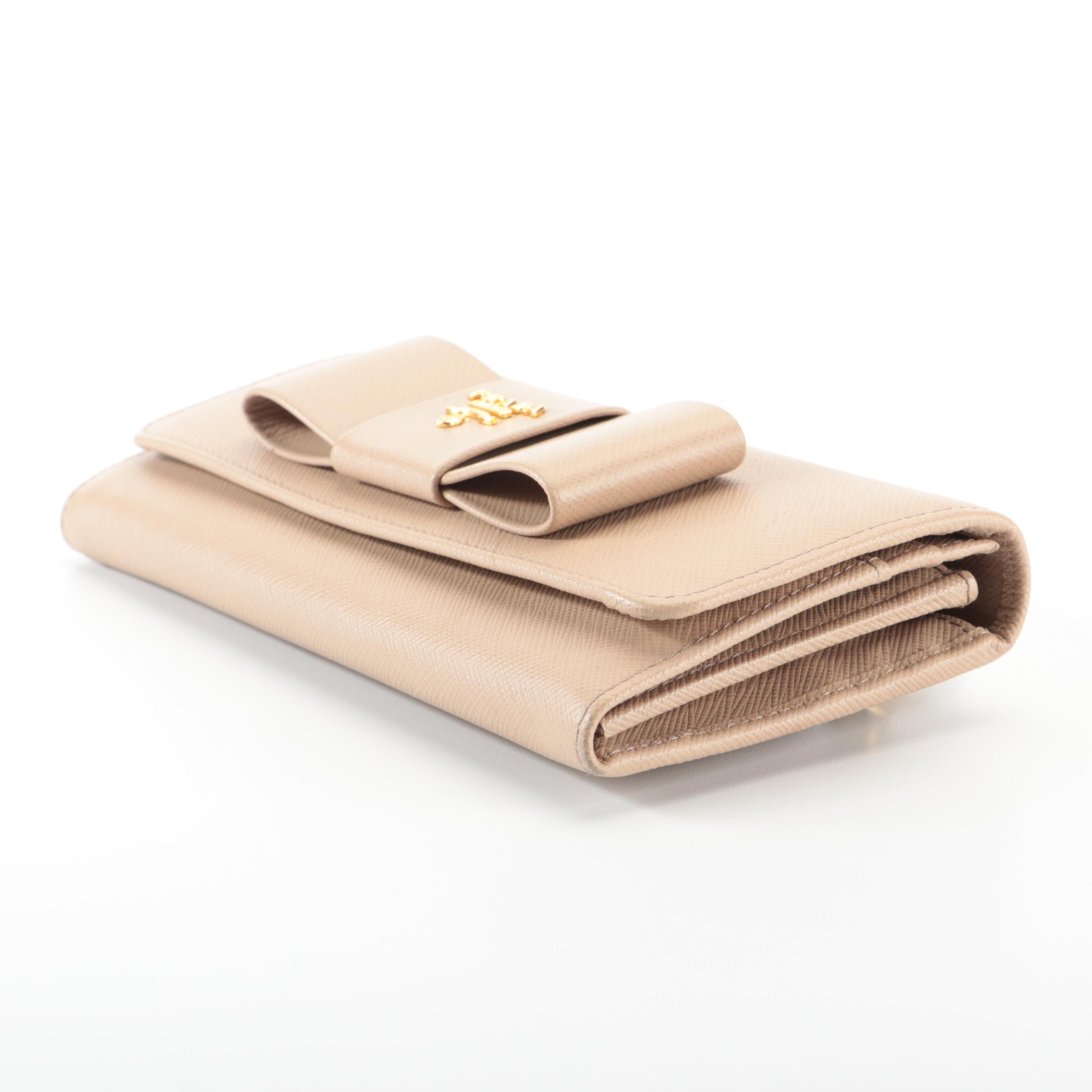 Prada Long Wallet with Bow in Dark Beige Saffiano Leather and Box
