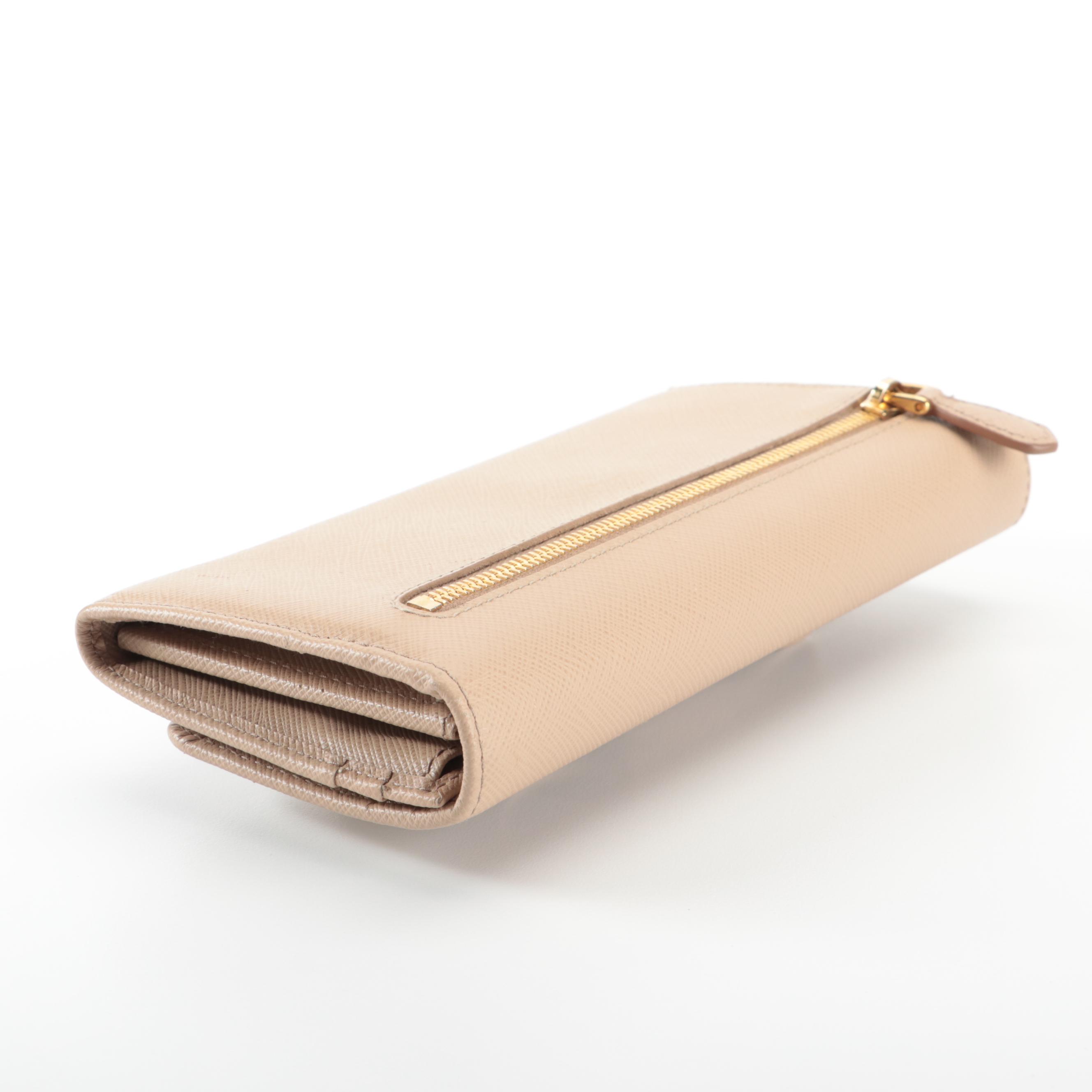 Prada Long Wallet with Bow in Dark Beige Saffiano Leather and Box