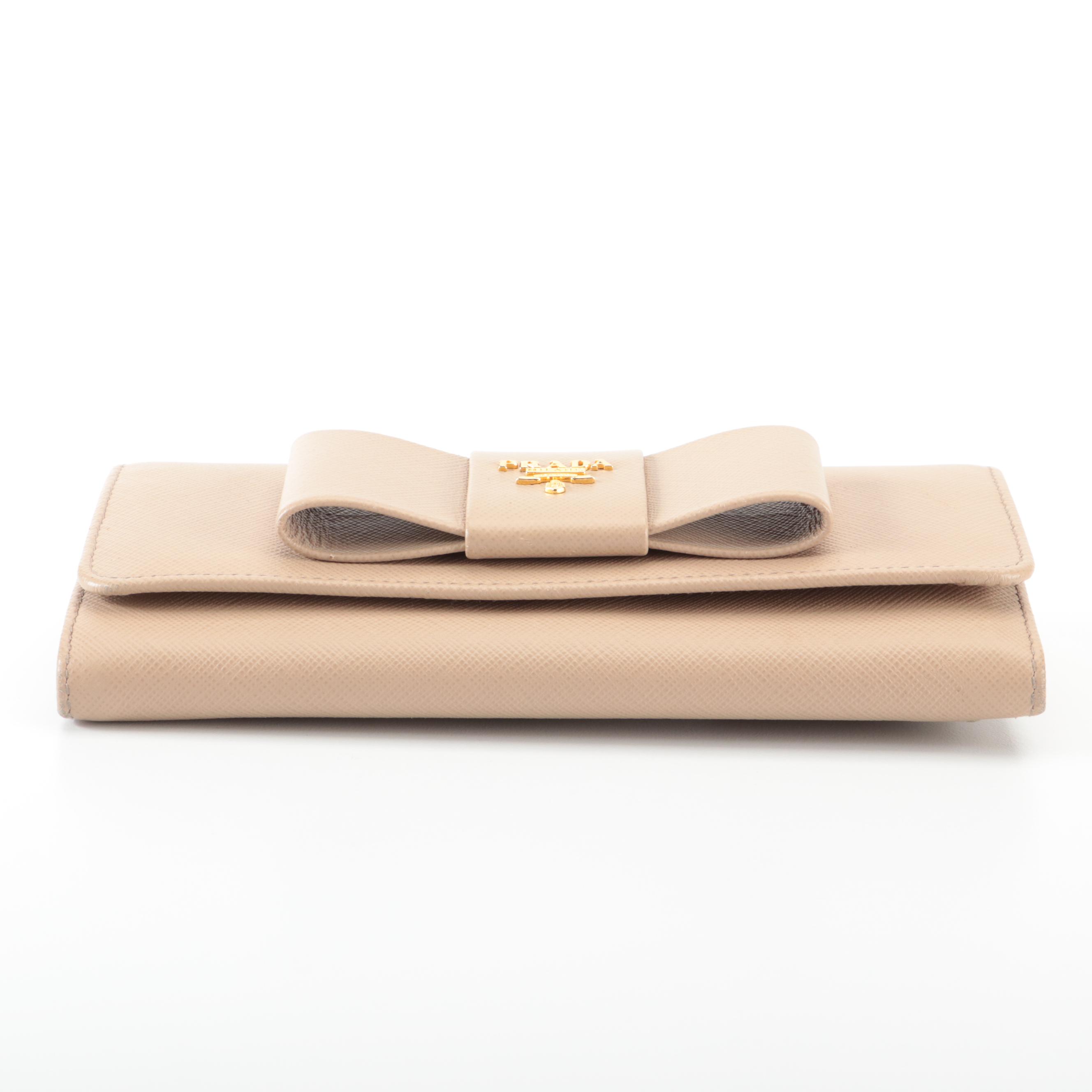 Prada Long Wallet with Bow in Dark Beige Saffiano Leather and Box