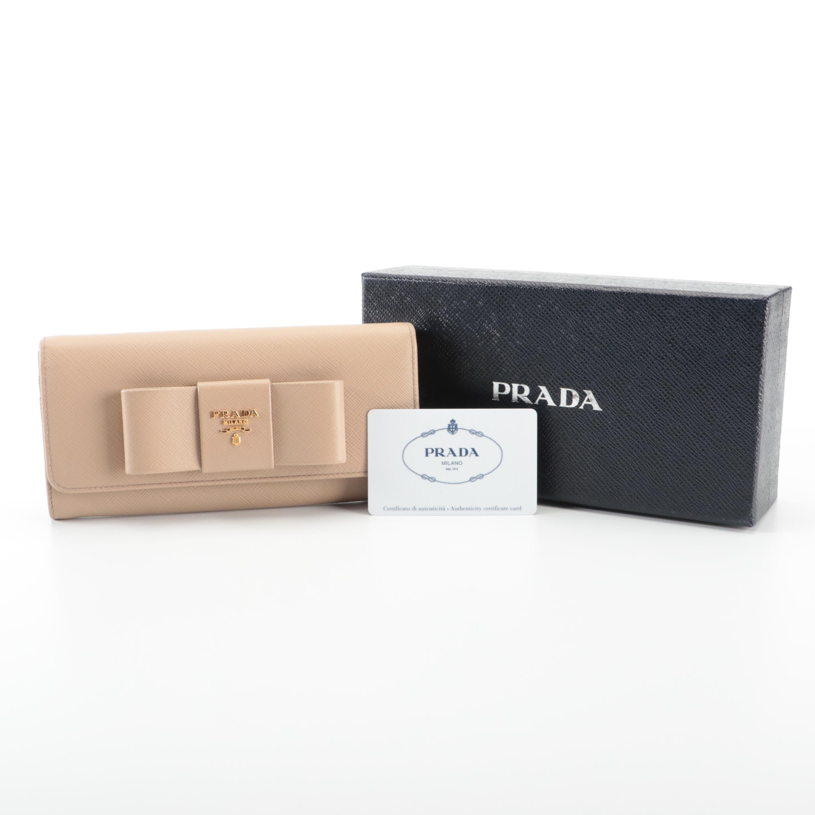 Prada Long Wallet with Bow in Dark Beige Saffiano Leather and Box