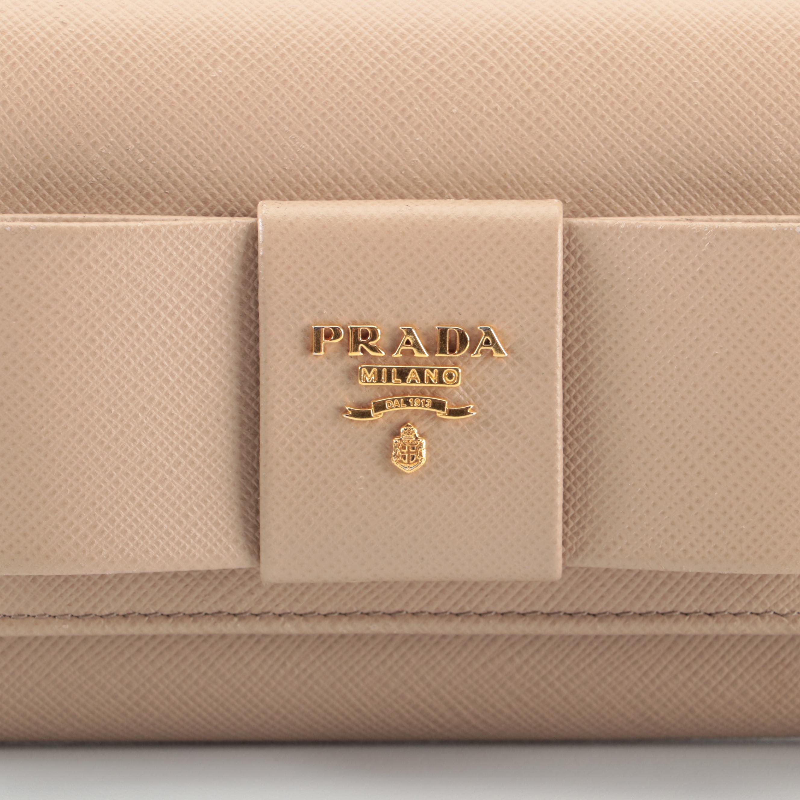 Prada Long Wallet with Bow in Dark Beige Saffiano Leather and Box