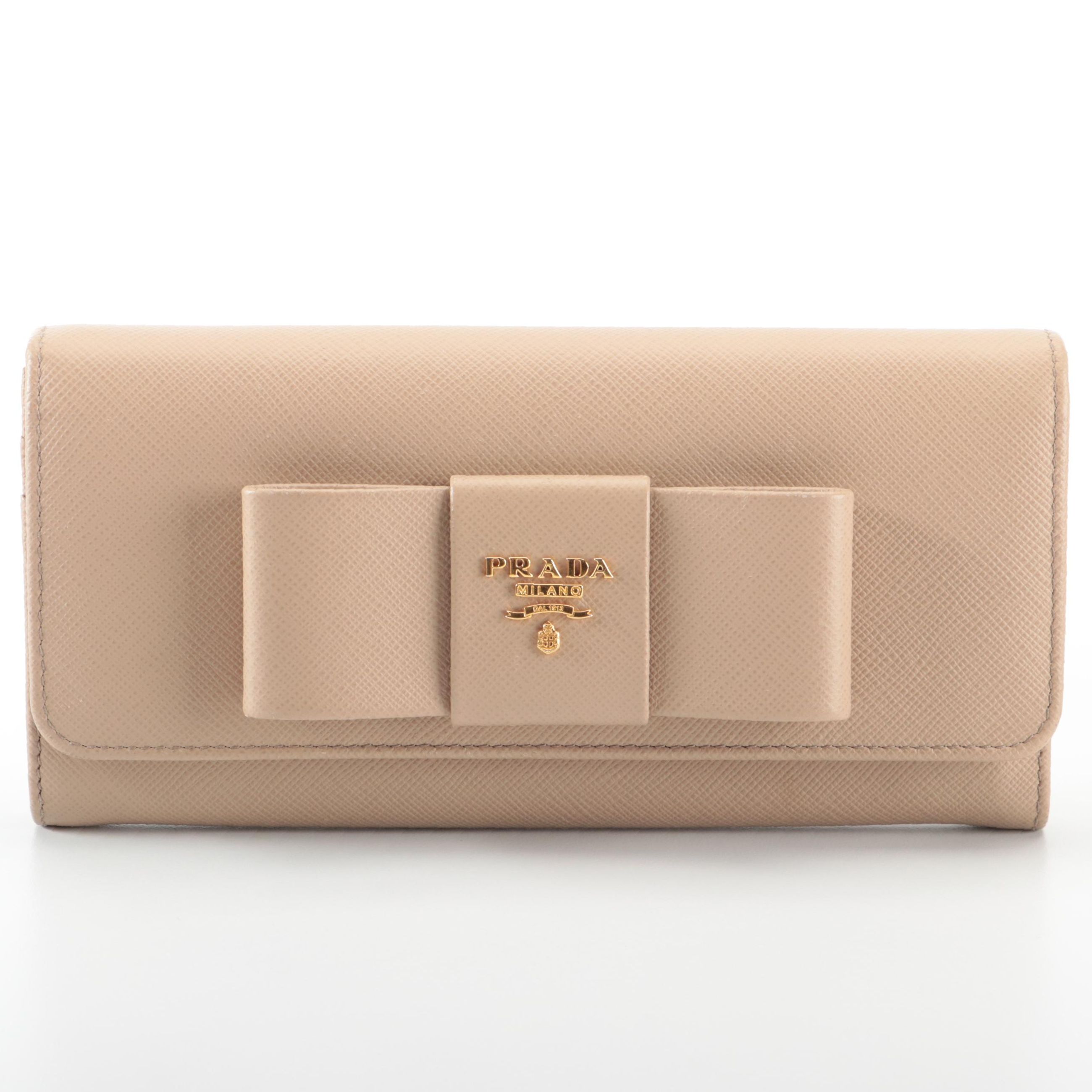 Prada Long Wallet with Bow in Dark Beige Saffiano Leather and Box
