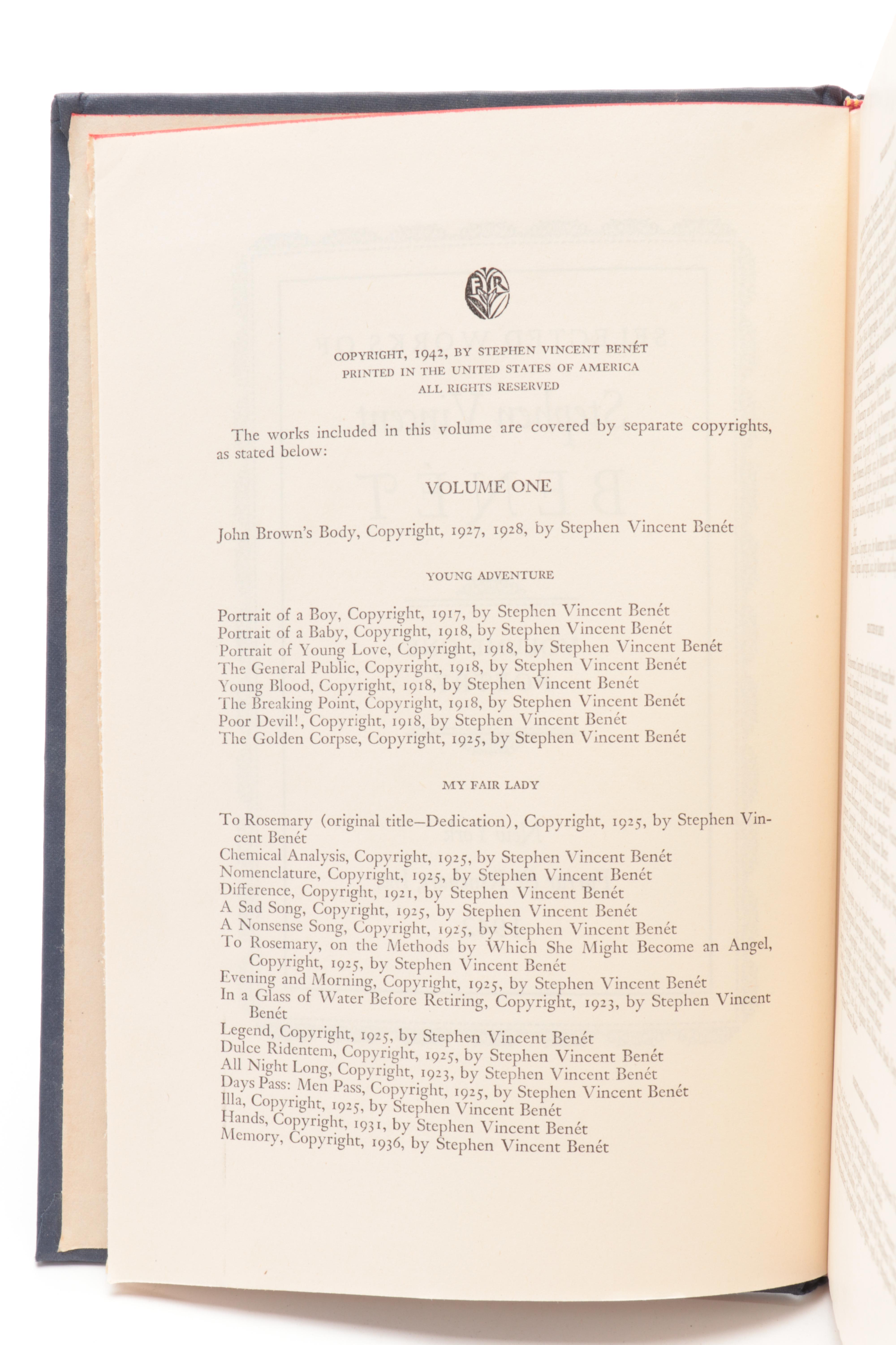 First Edition "Selected Works of Stephen Vincent Benét" Two-Volume set, 1942