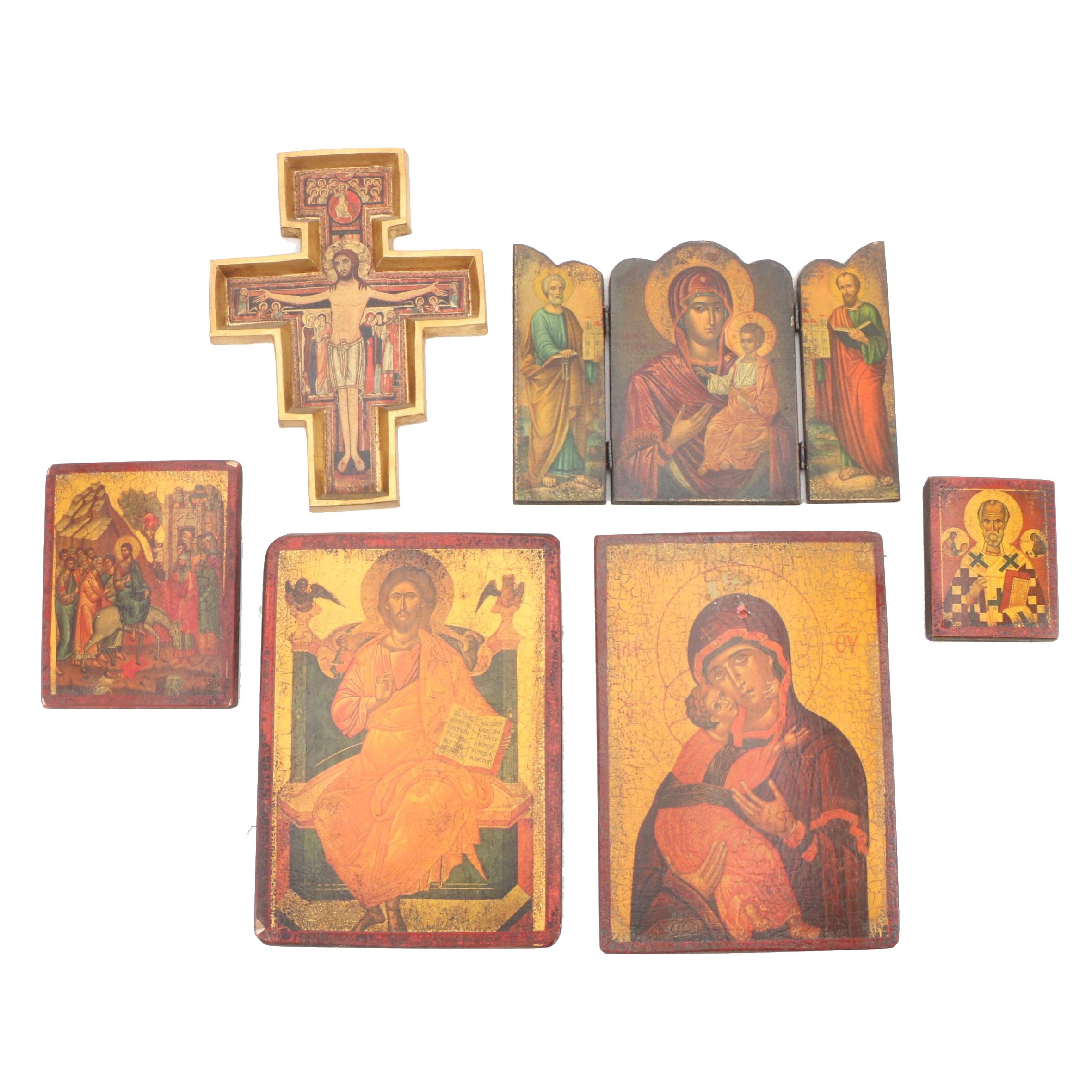 Italian San Damiano Cross with Greek Orthodox Icons of Jesus, Mary, and Saints