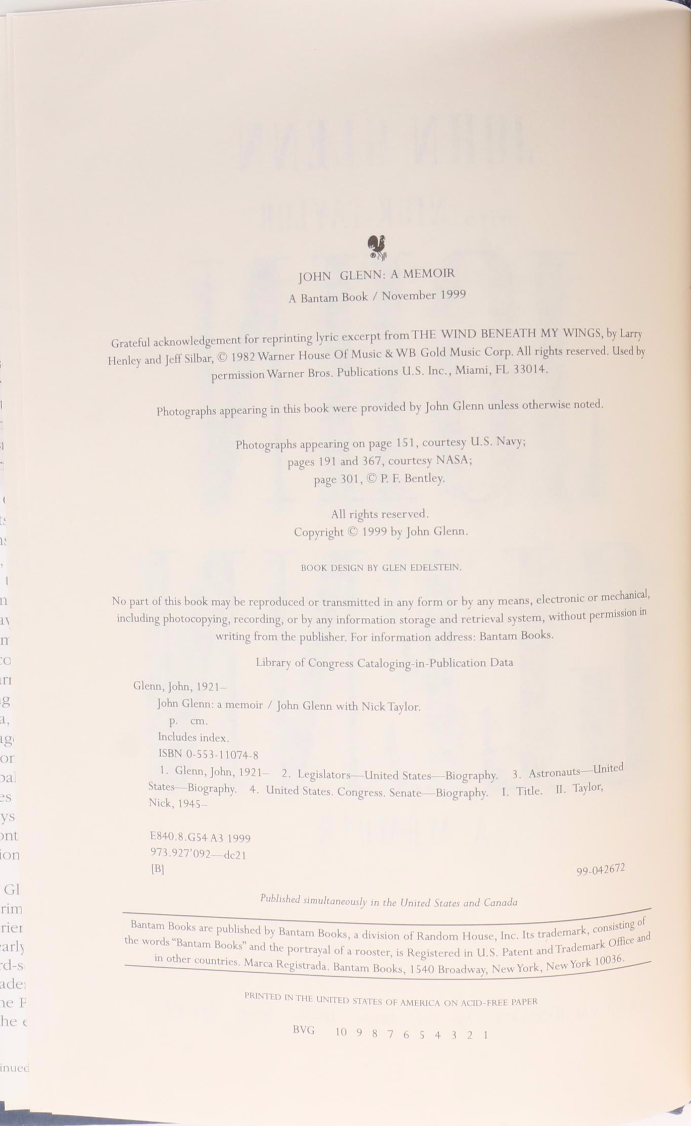 Signed First Edition "John Glenn: A Memoir" by John Glenn and Nick Taylor