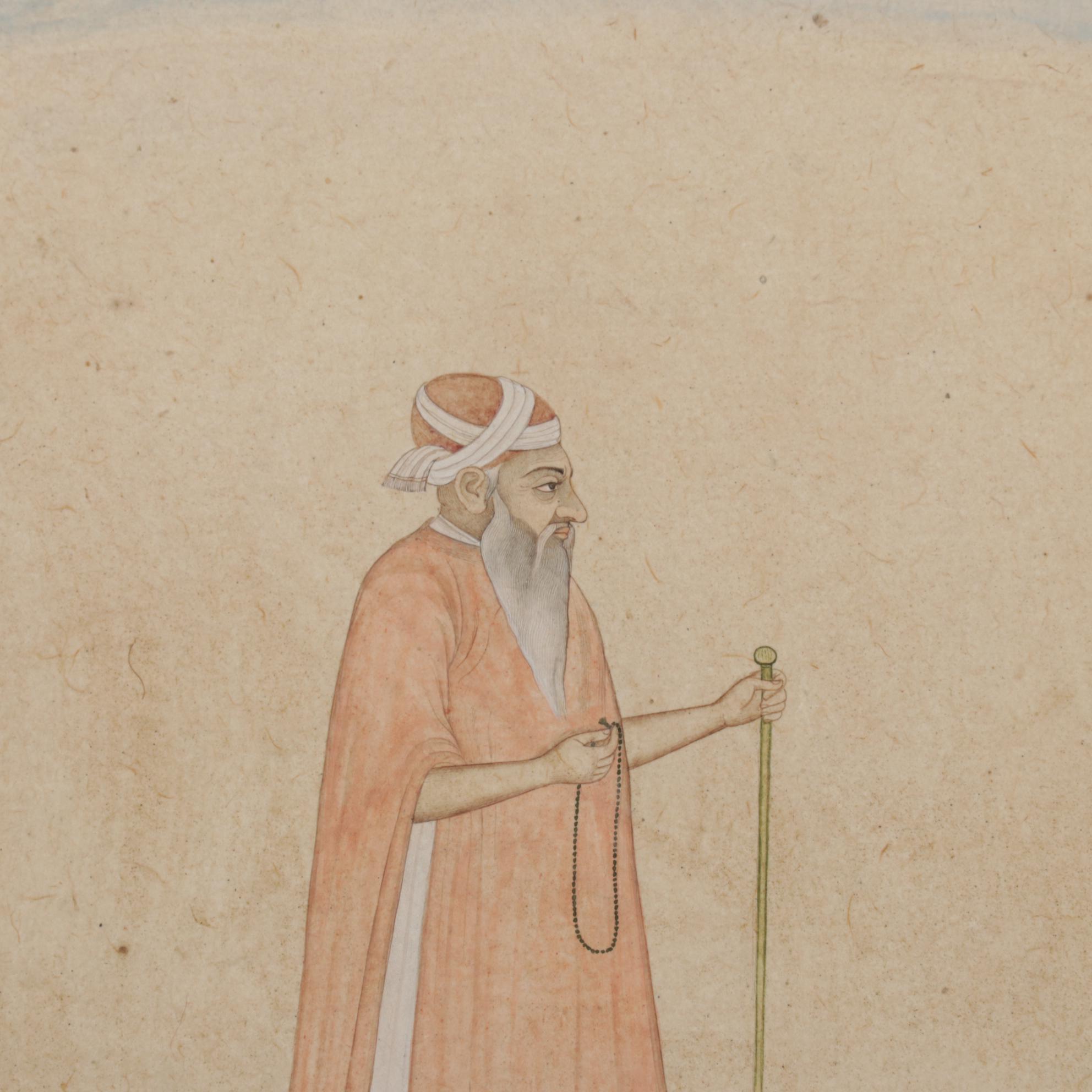 Indian Mughal Manuscript Page Gouache and Ink Painting of Elderly Man