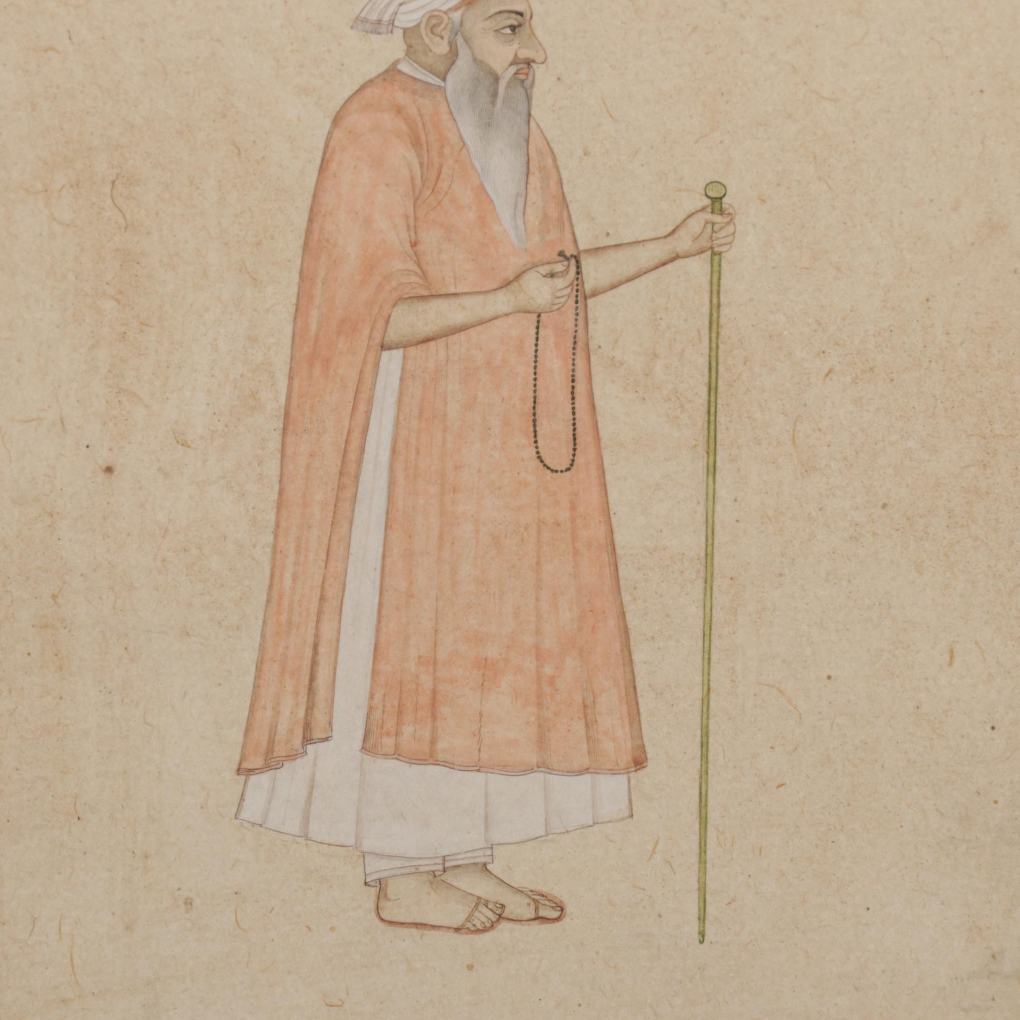 Indian Mughal Manuscript Page Gouache and Ink Painting of Elderly Man