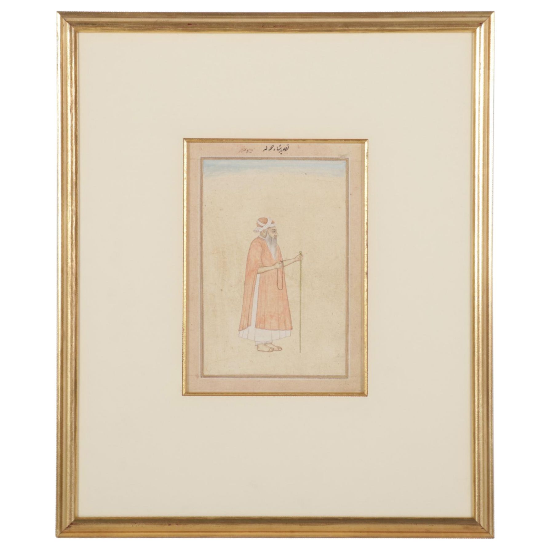 Indian Mughal Manuscript Page Gouache and Ink Painting of Elderly Man