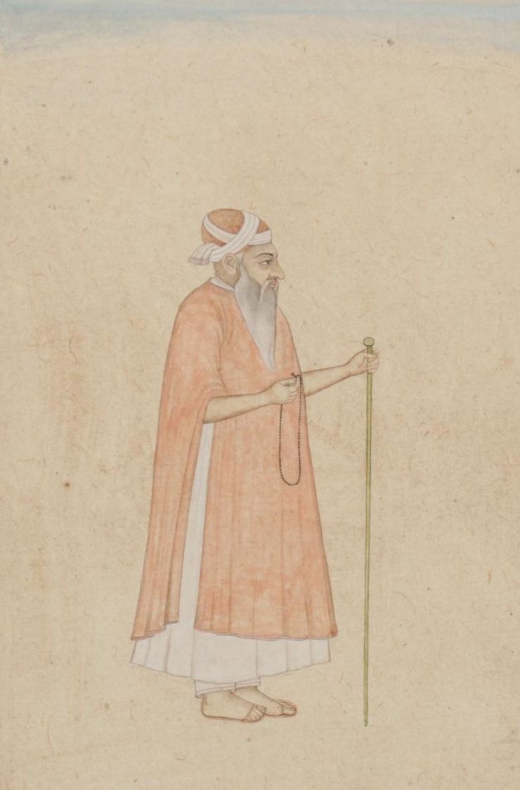 Indian Mughal Manuscript Page Gouache and Ink Painting of Elderly Man