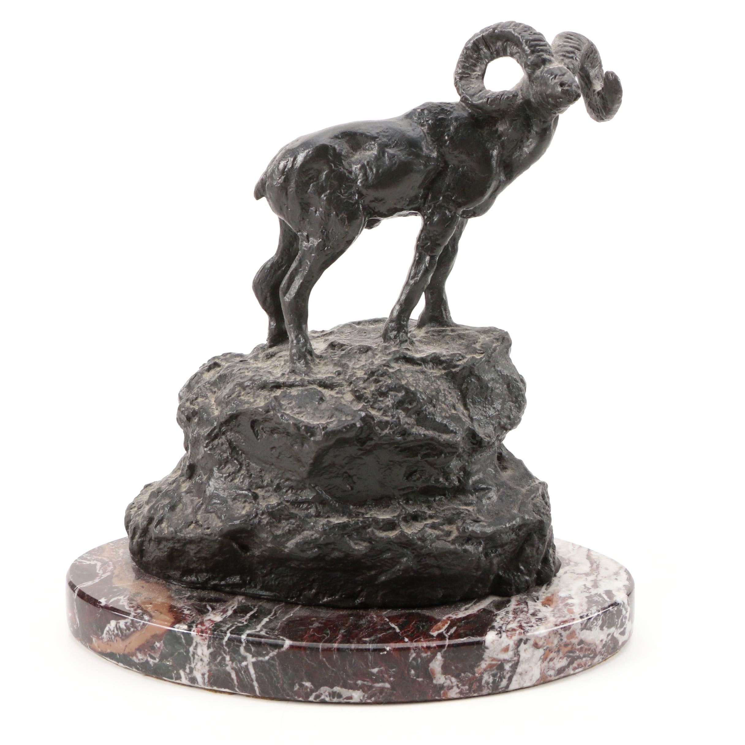 Cast Bronze on Marble Sculpture after Charles Marion Russell of Bighorn Sheep