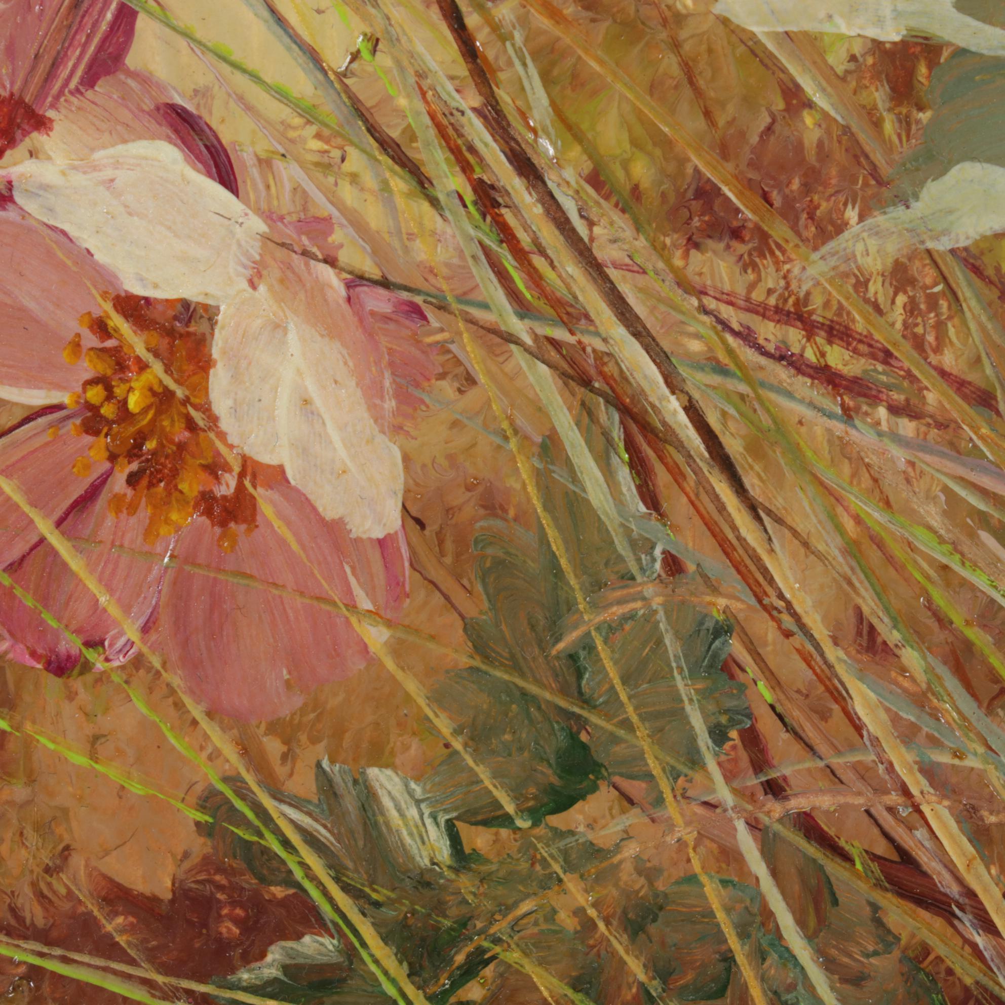 Ernestine Bucking Oil Painting of Pink Wildflowers, Mid-Late 20th Century