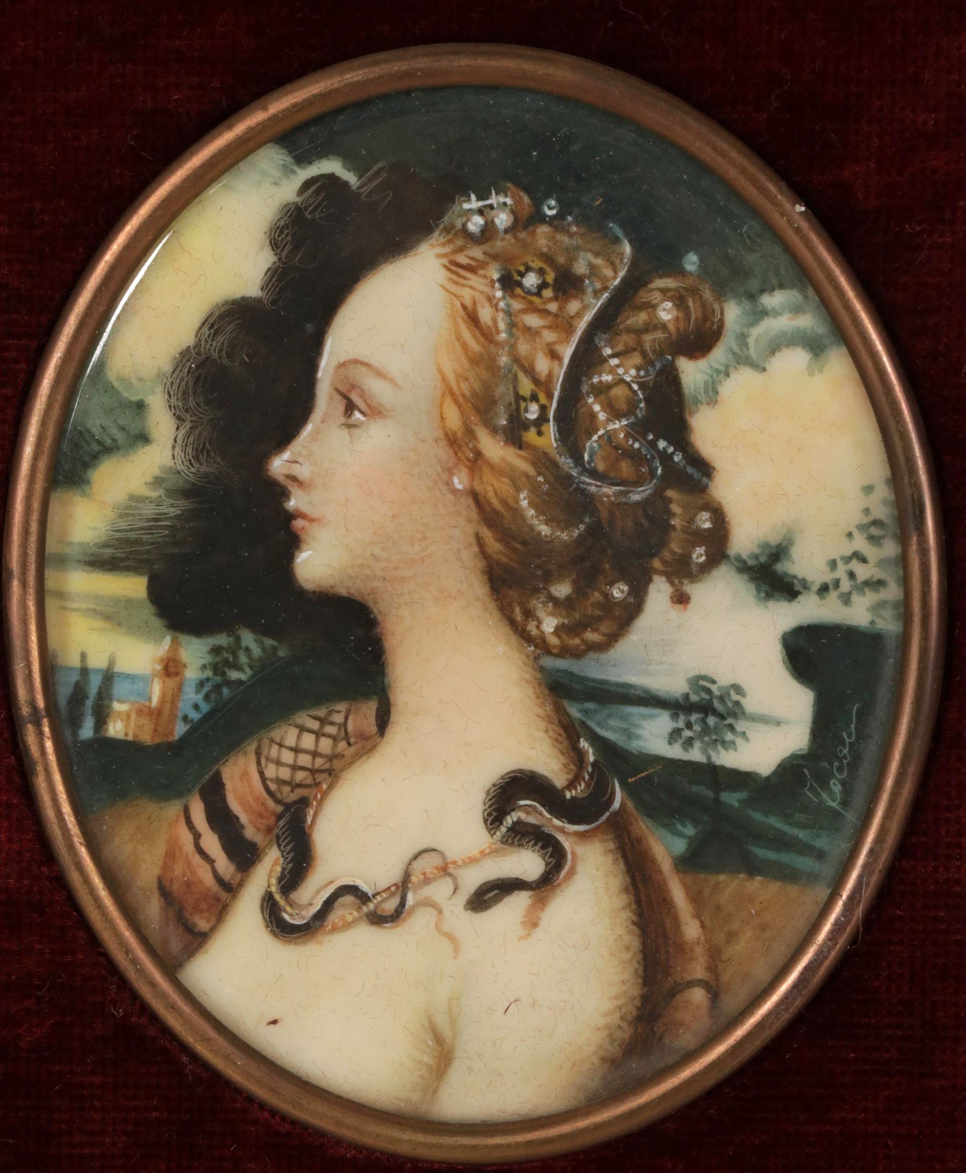 Emma Focacci Miniature Portrait Oil Painting, Early 20th Century