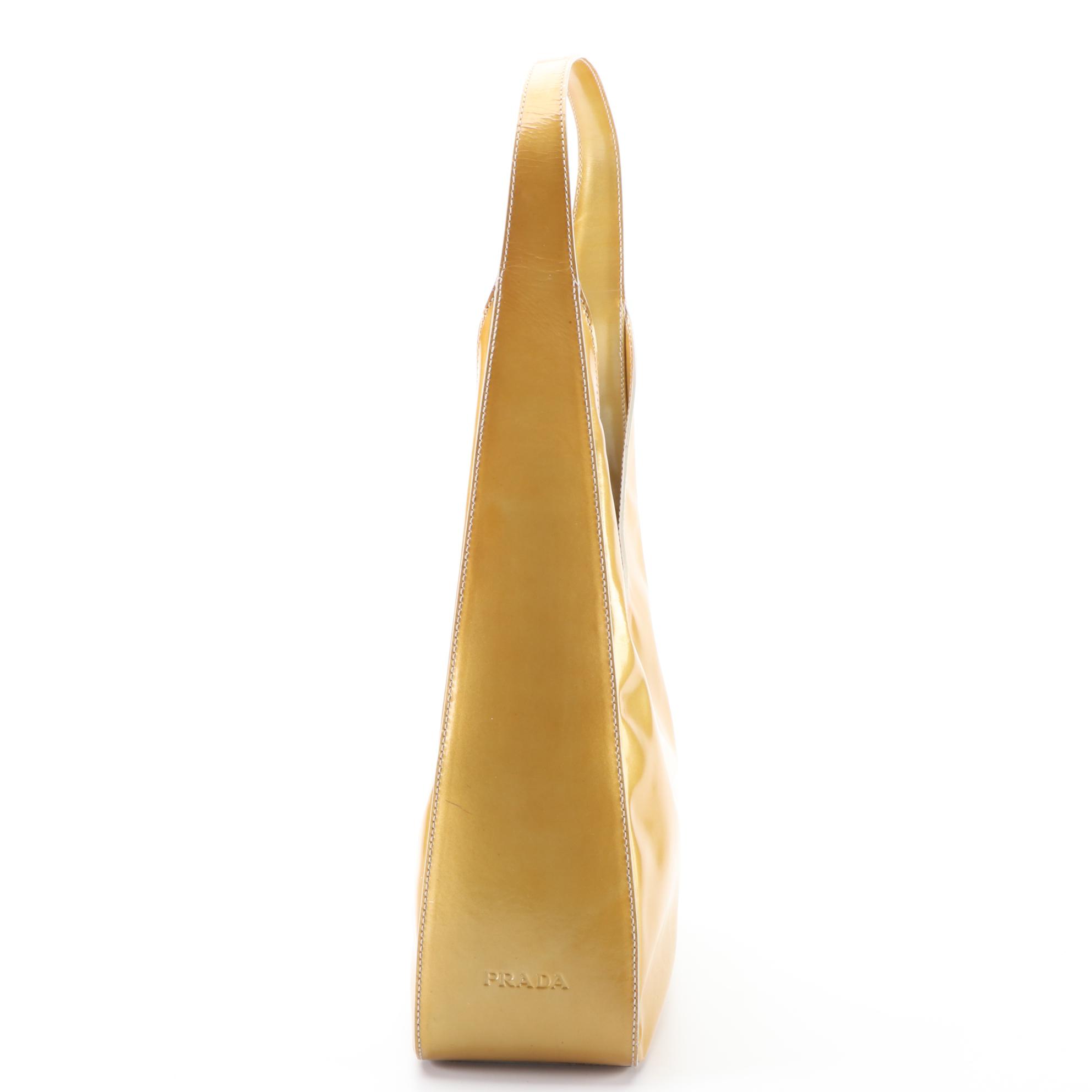 Prada Slim Structured Hobo Bag in Metallic Gold Patent Leather