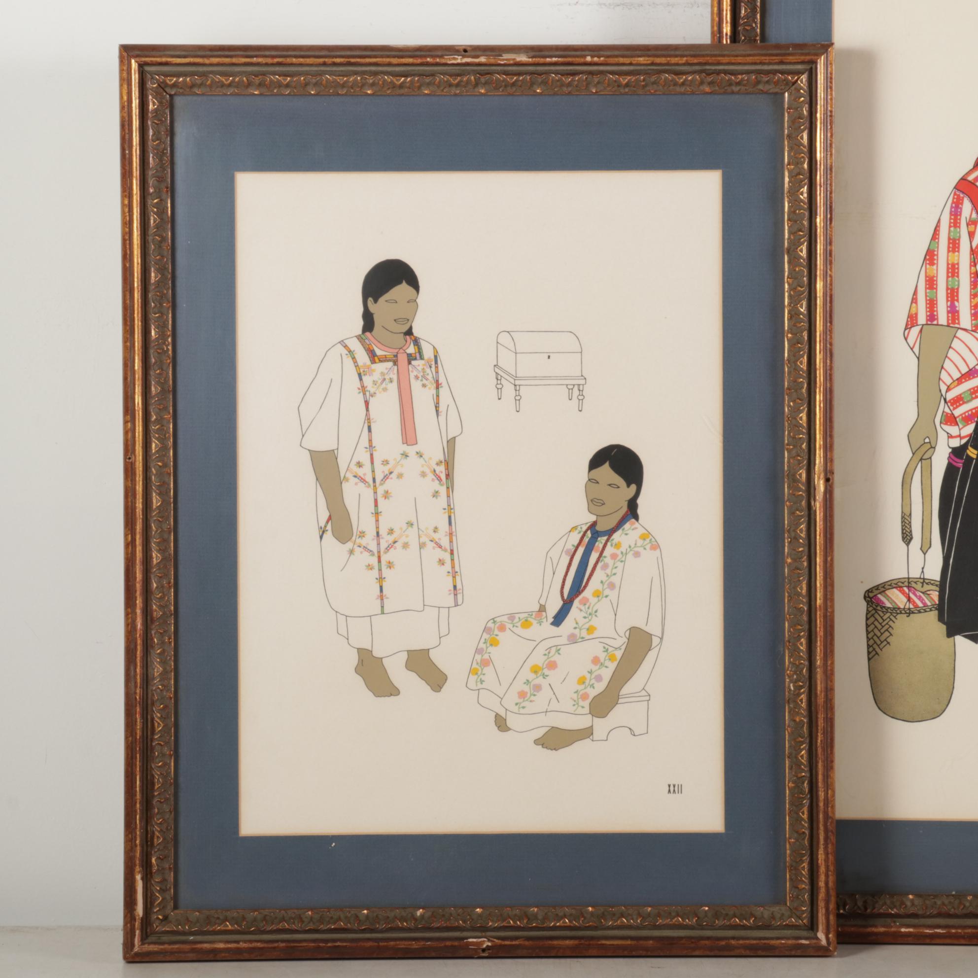 South Asian Inspired Costume Design Color Lithographs, Mid-Late 20th Century