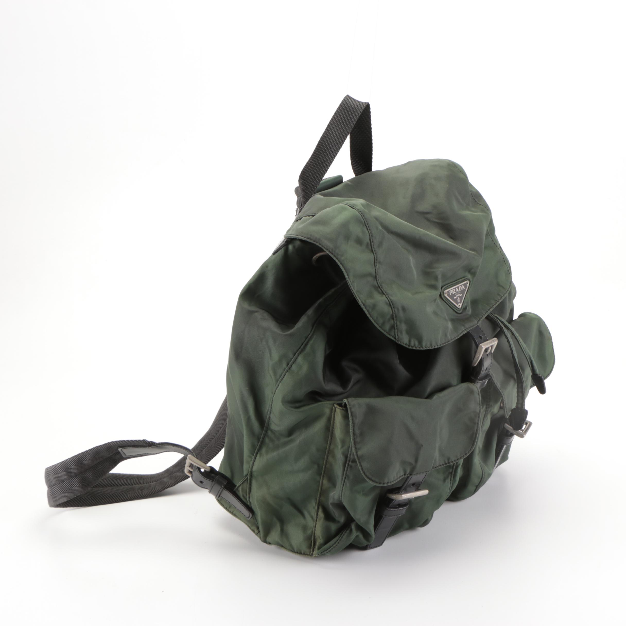 Prada Small Backpack in Green Nylon Tessuto and Black Leather